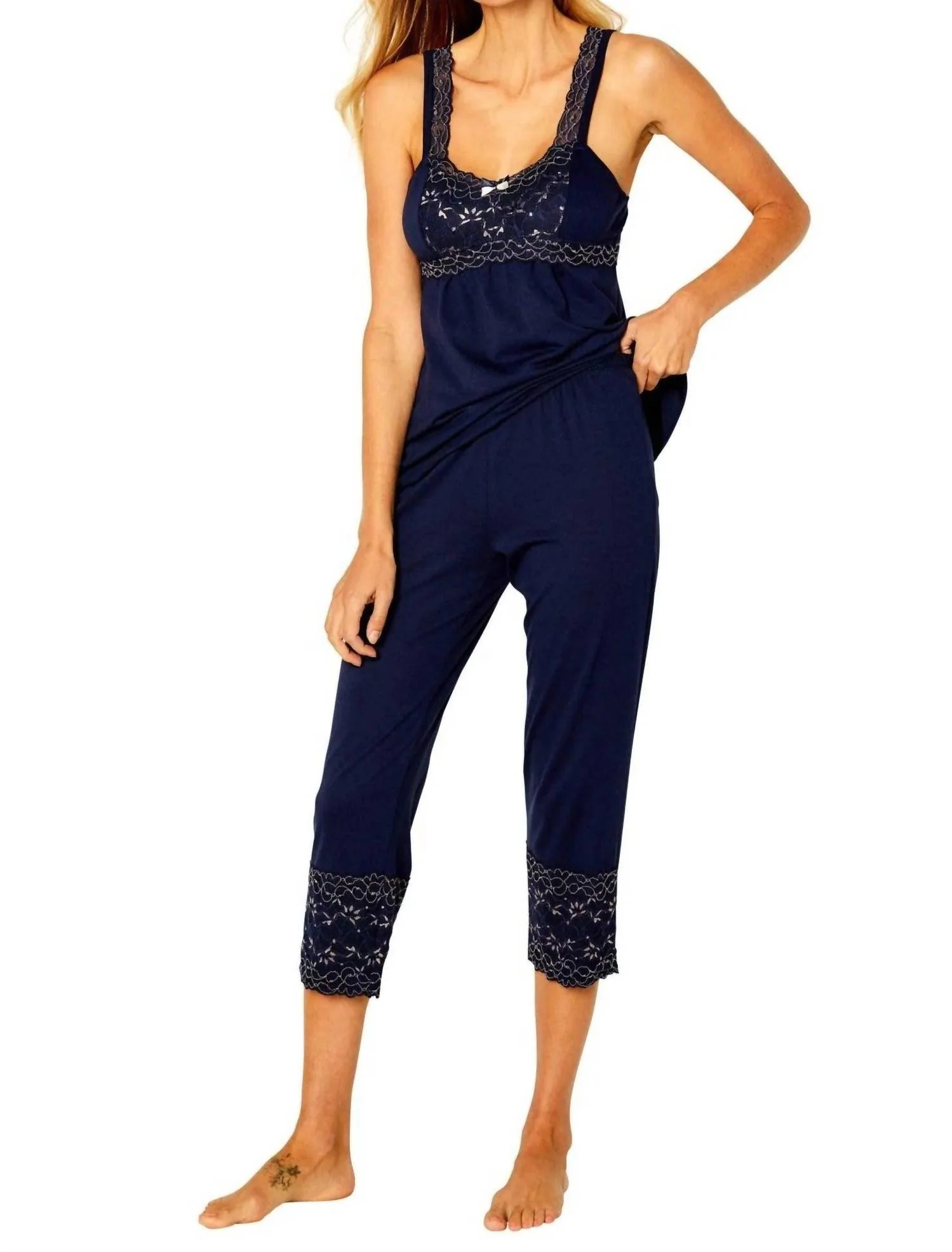 Coco Tank Camisole Cropped Pant Pajama Set In Deep Sea