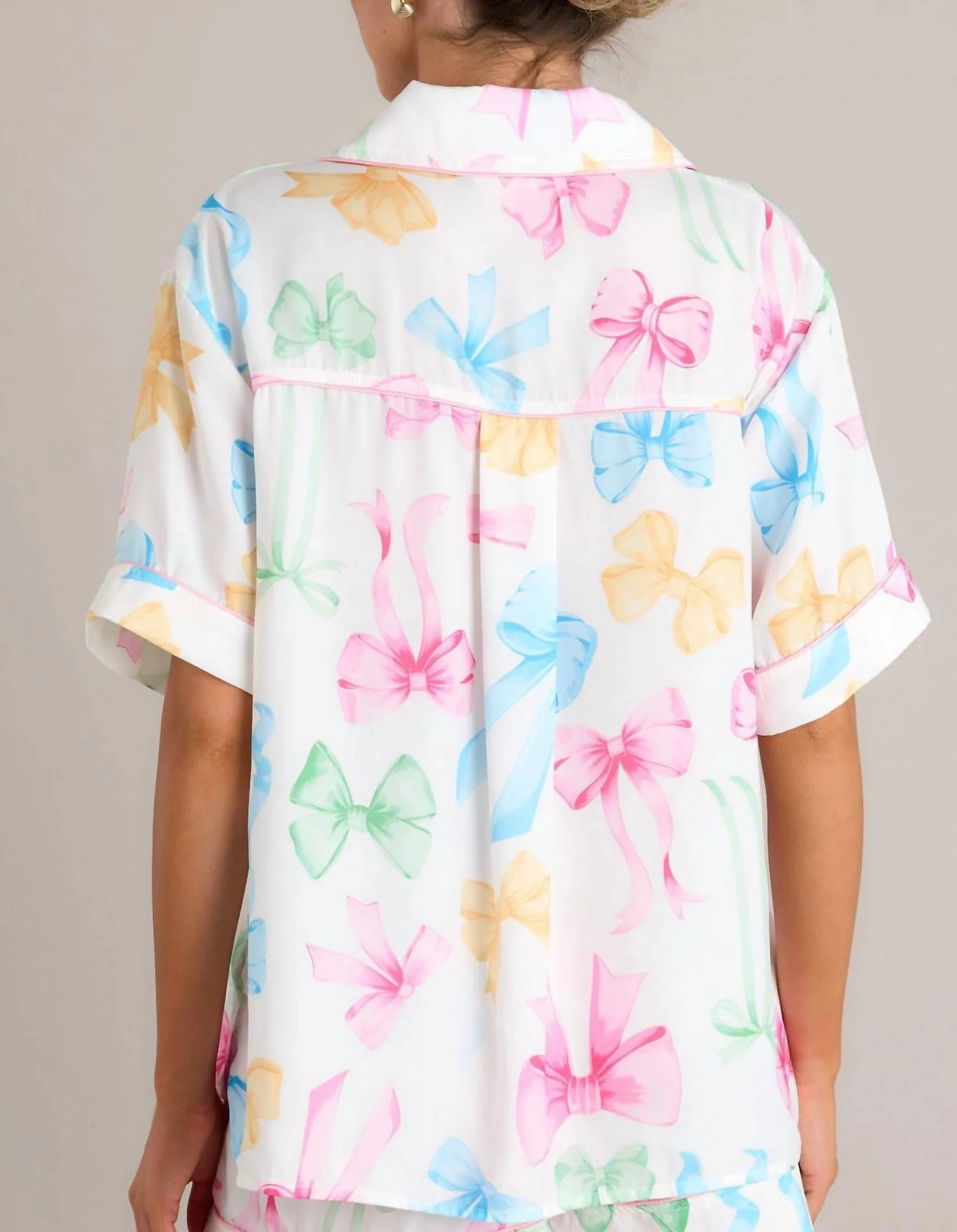 Bow Satin Pajama Top In White Multi