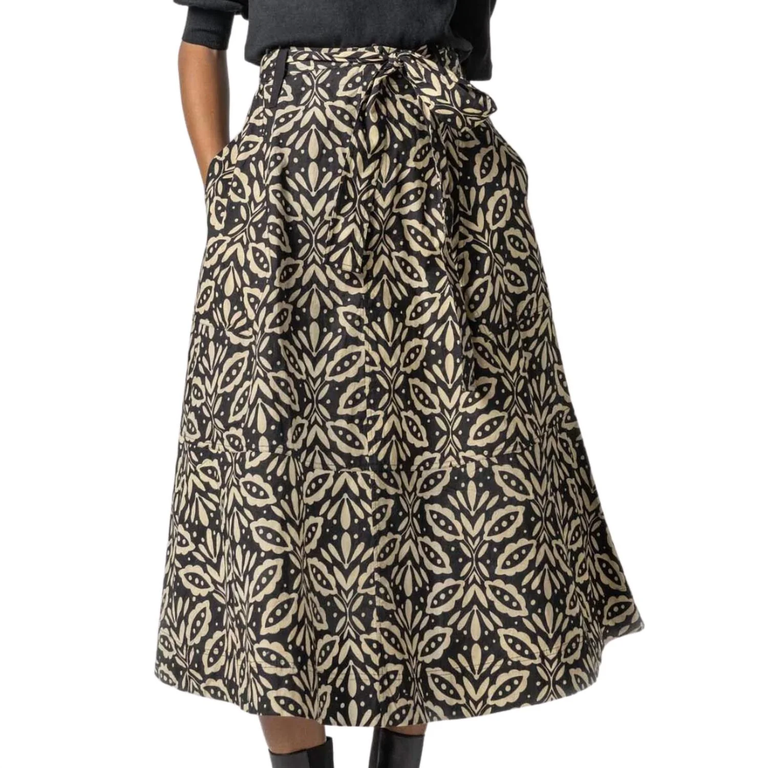 Belted Midi Skirt In Khaki Motif