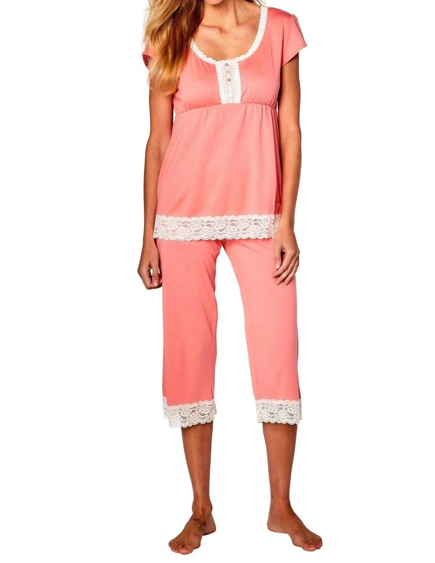 Sophie Trends Short Sleeve Top Cropped Pant Pj Set In Coral
