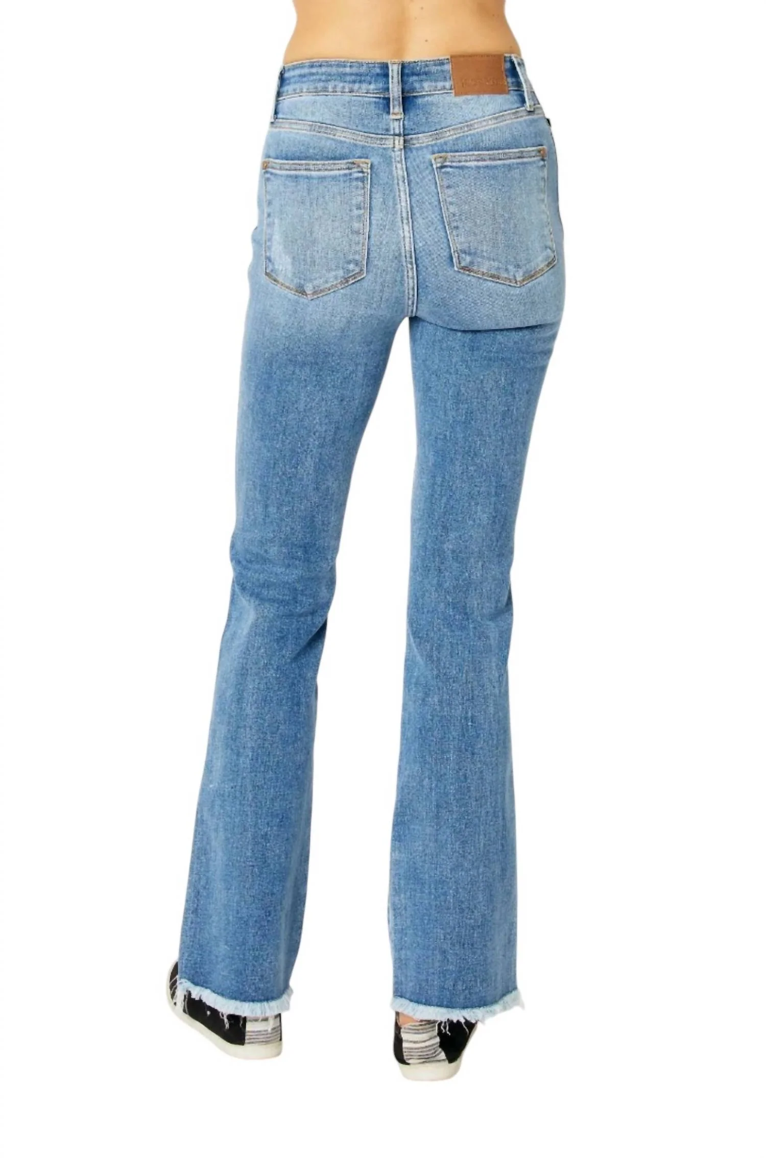 High Waisted Destroy Fray Hem Bootcut Jeans In Medium Blue