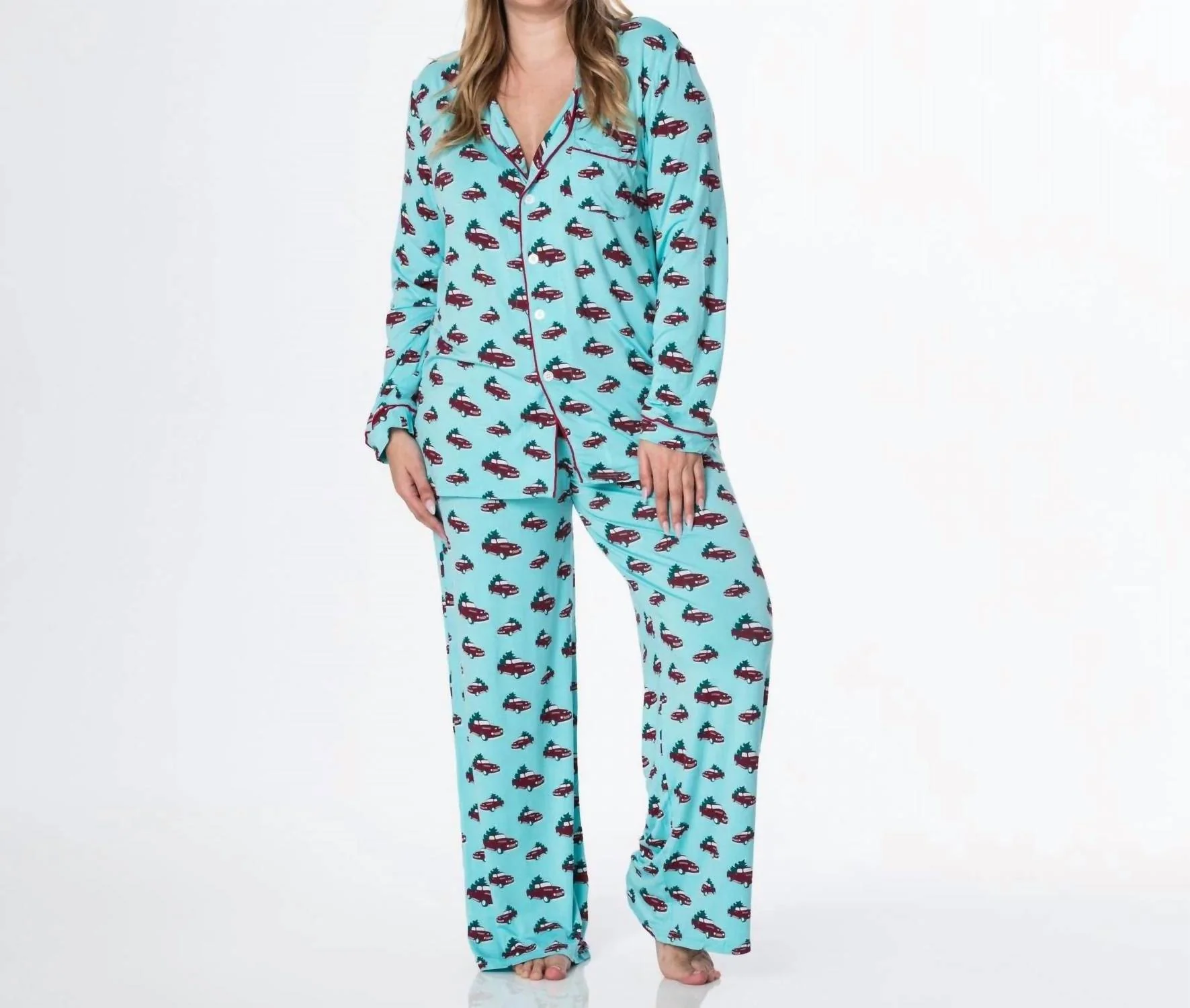 Print Long Sleeve Collared Pajama Set In Iceberg Trucks And Trees