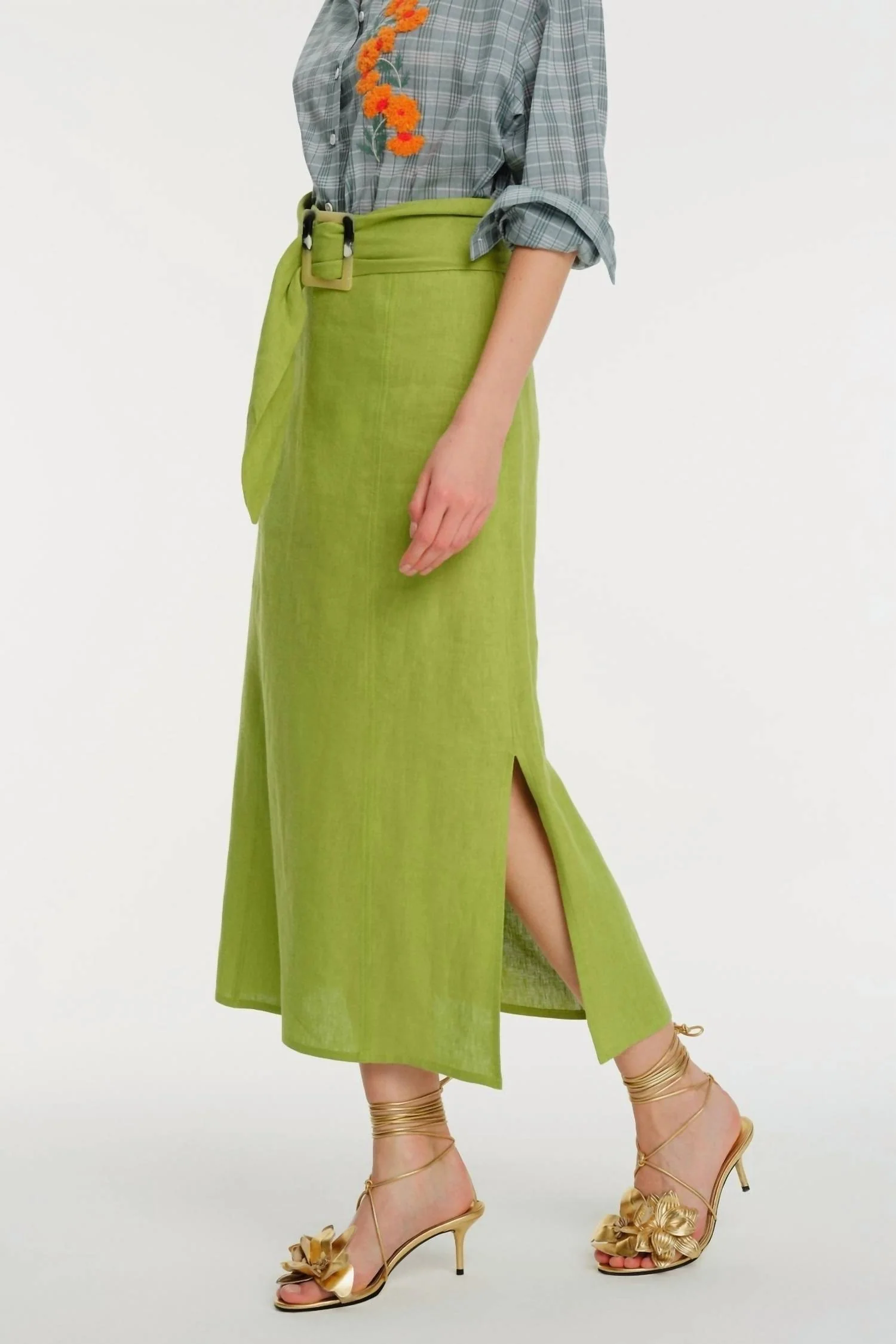 Midi Length Linen Skirt In Green