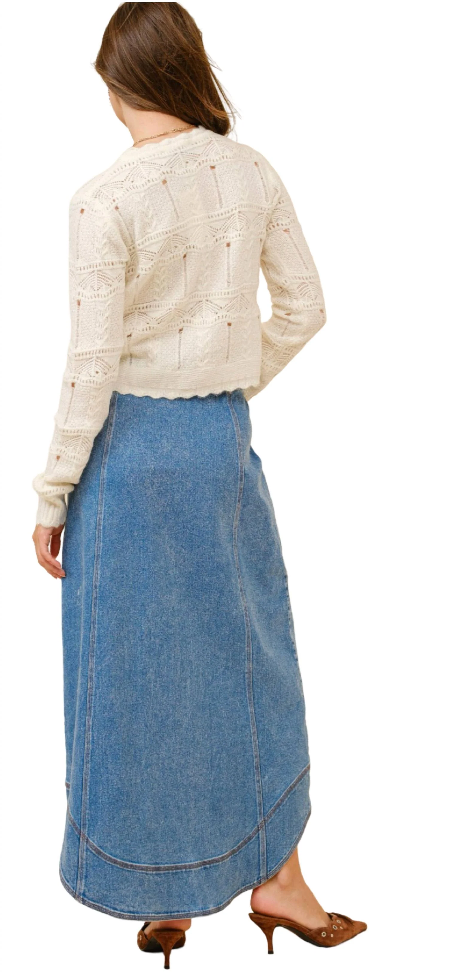 Wavy Placket Denim Maxi Skirt In Medium Wash
