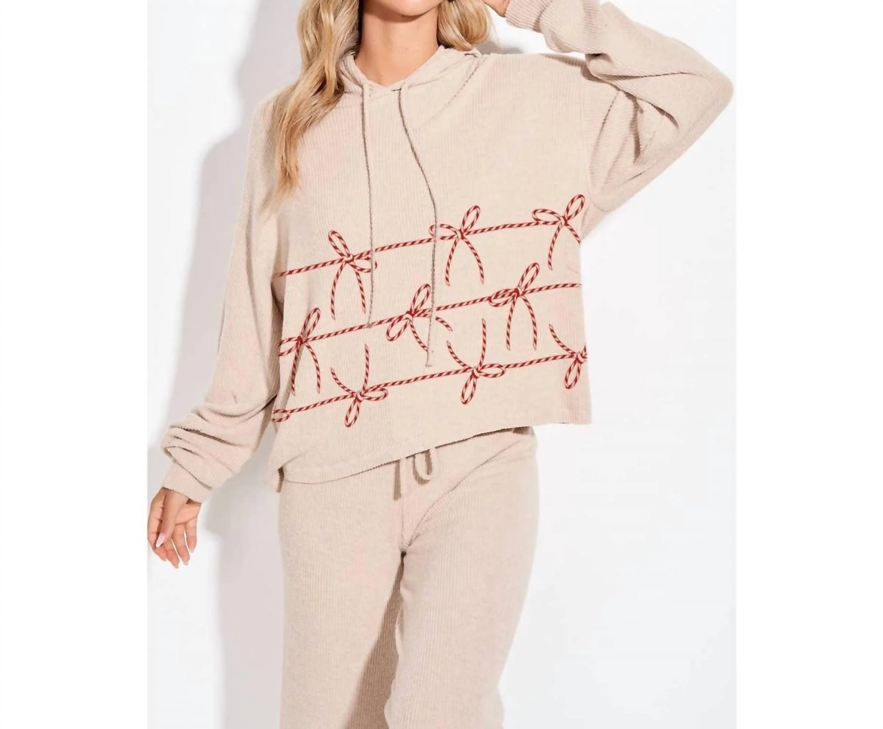 Christmas Ribbon Loungewear Pajama Set In Beige
