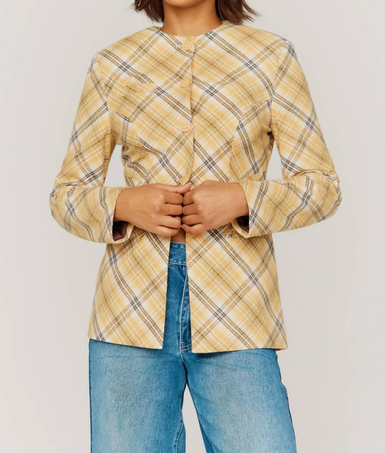 Check Collarless Blazer In Multi