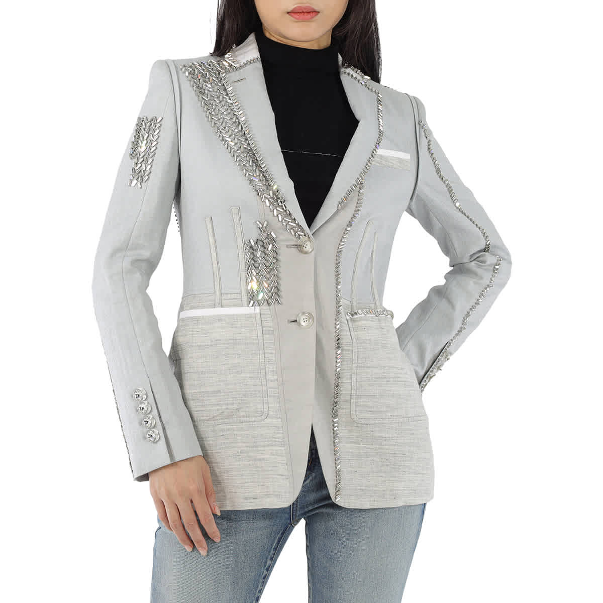Burberry Grey Melange Technical Linen Blazer with Crystal Embroidery, Brand Size 6 (US Size 4)