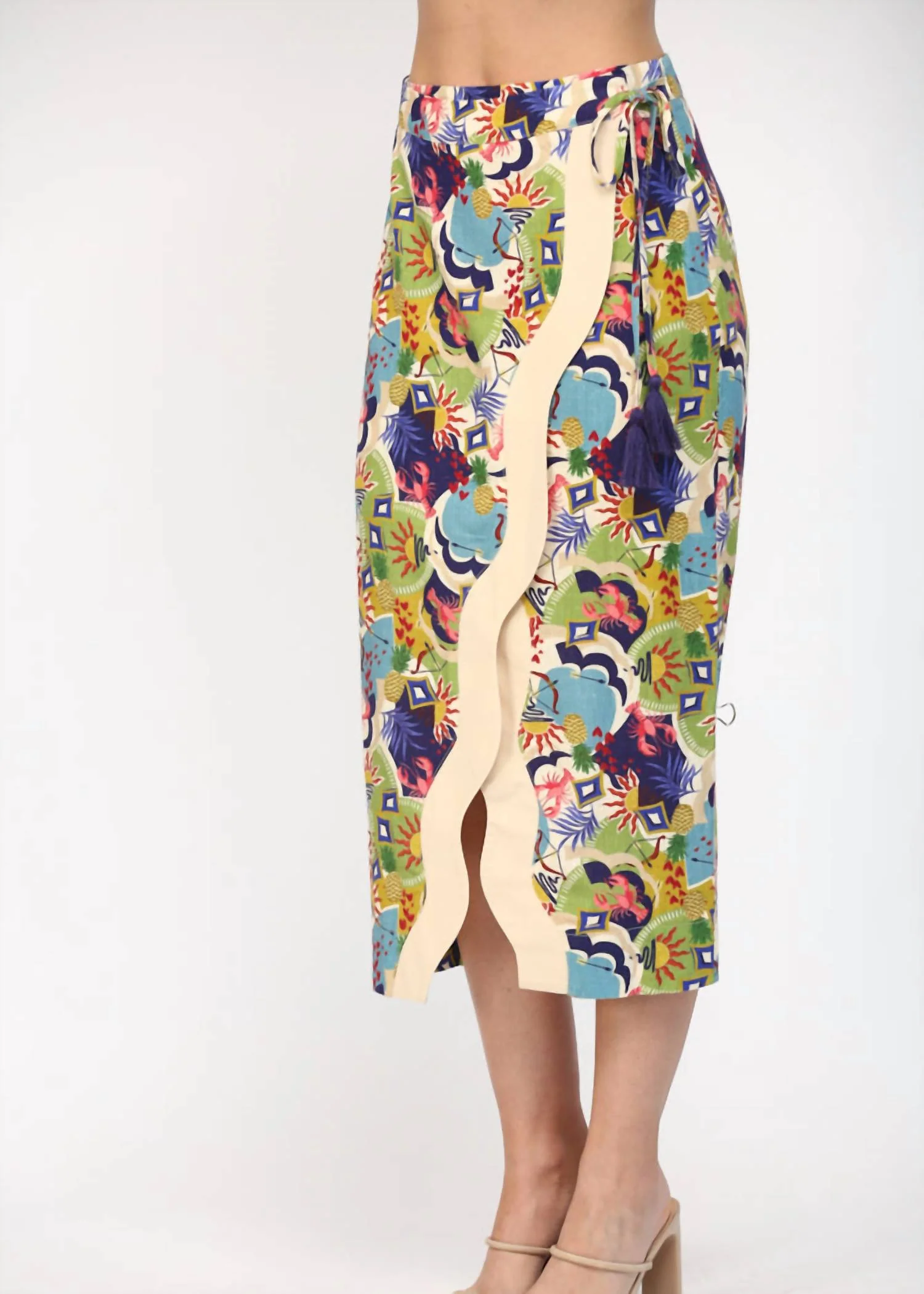 Wave Contrast Detailed Wrap Skirt In Multi