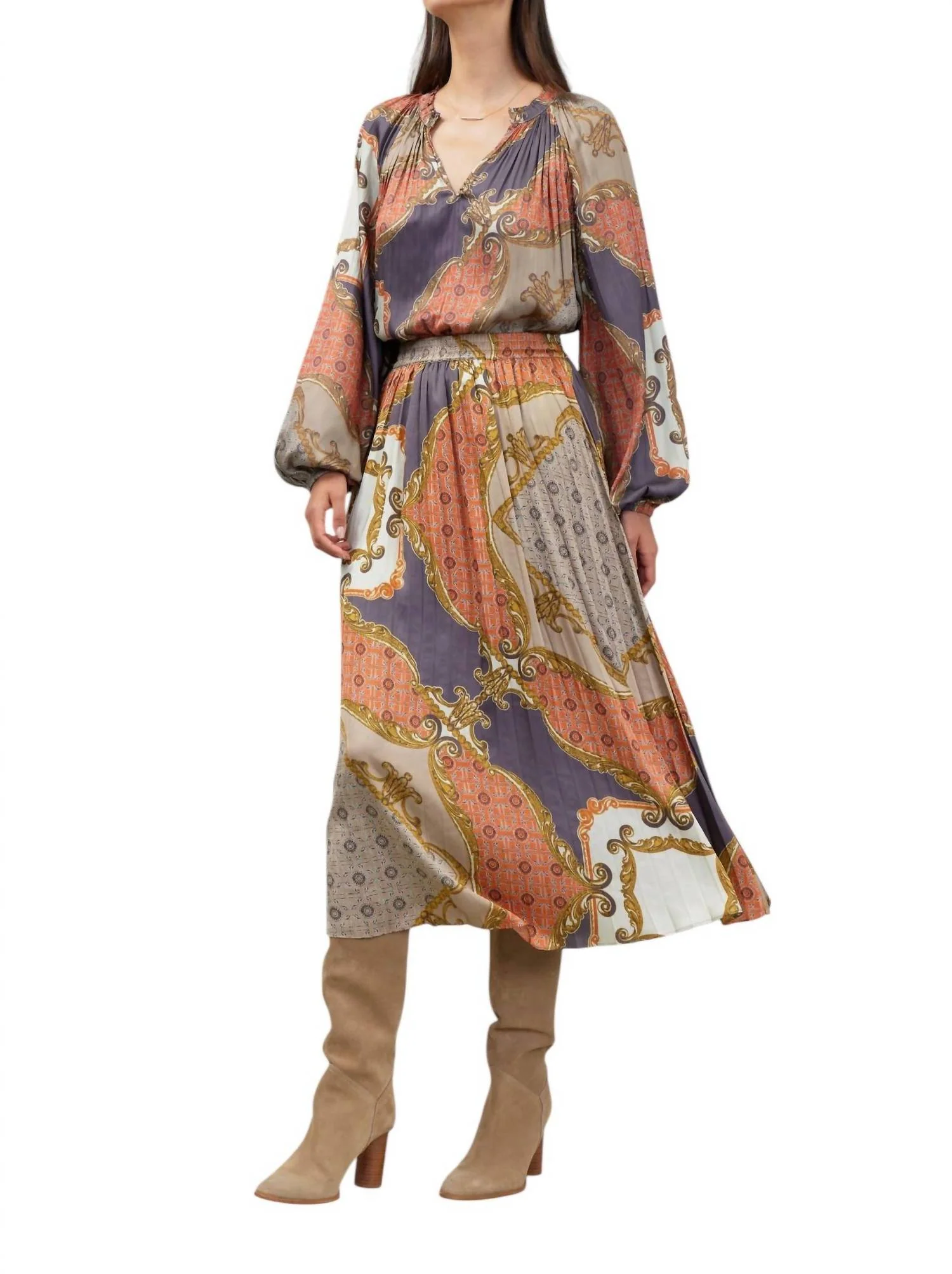 Elasticized Waist Pleated Midi Skirt In Brown Multi