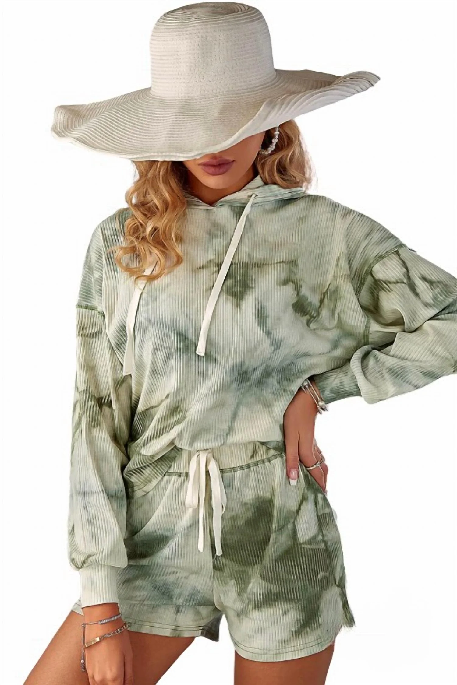 Jessica Waffle Tie Dye Hoodie And Short Set In Olive