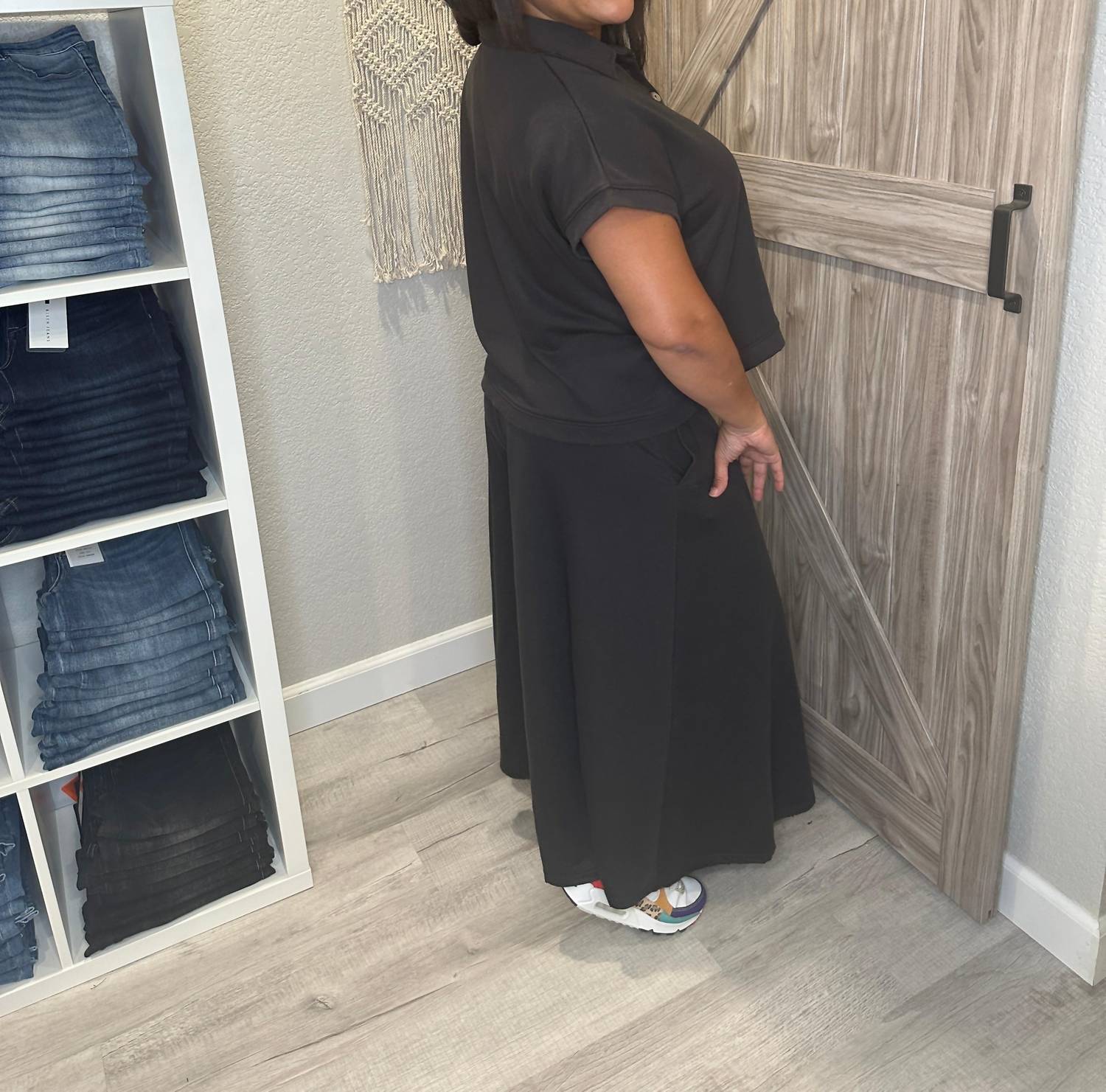 Distressed Top And Wide Leg Pants Matching Set In Faded Black