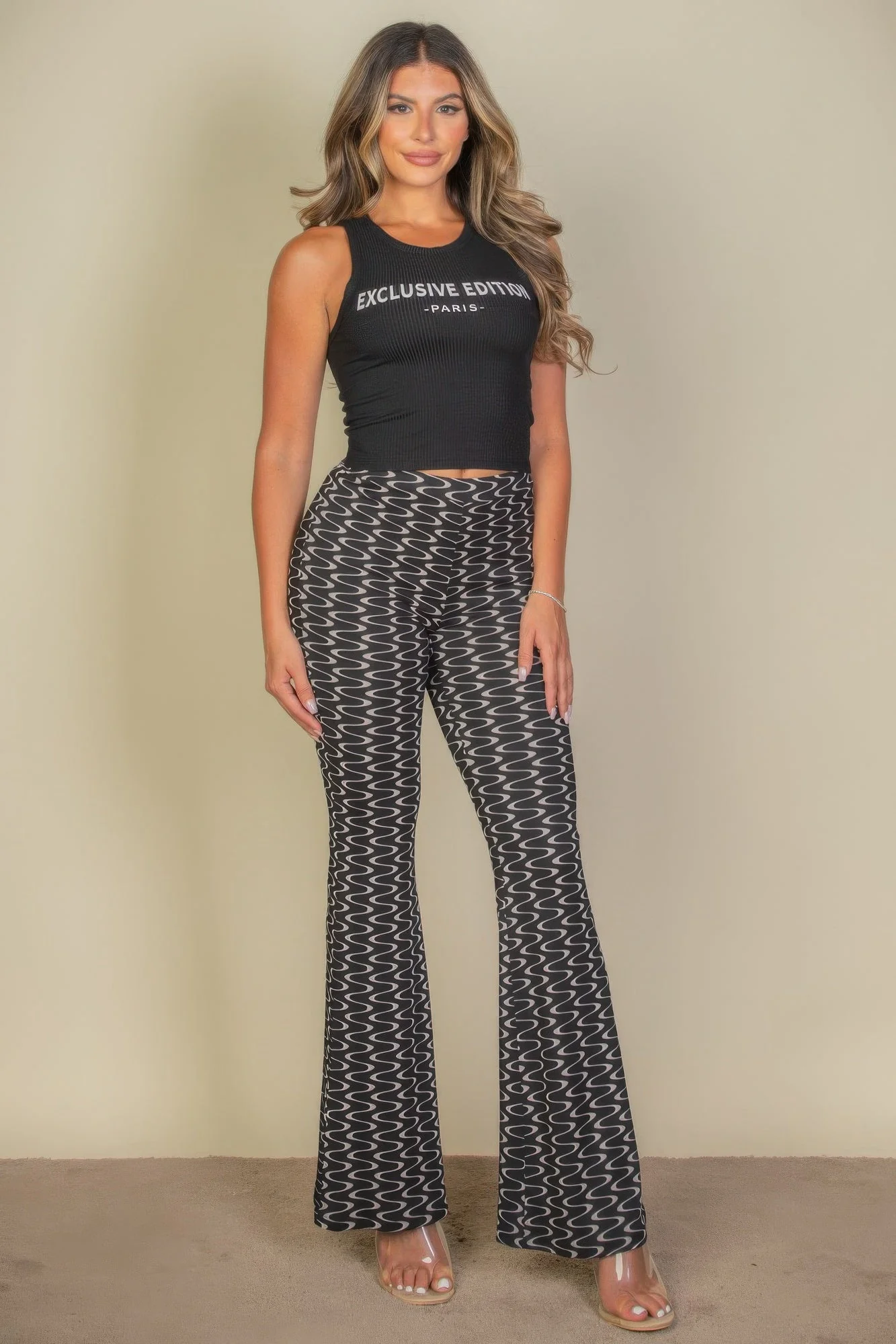 FASHNZFAB Women's Wavy Print High Waist Flare Pants