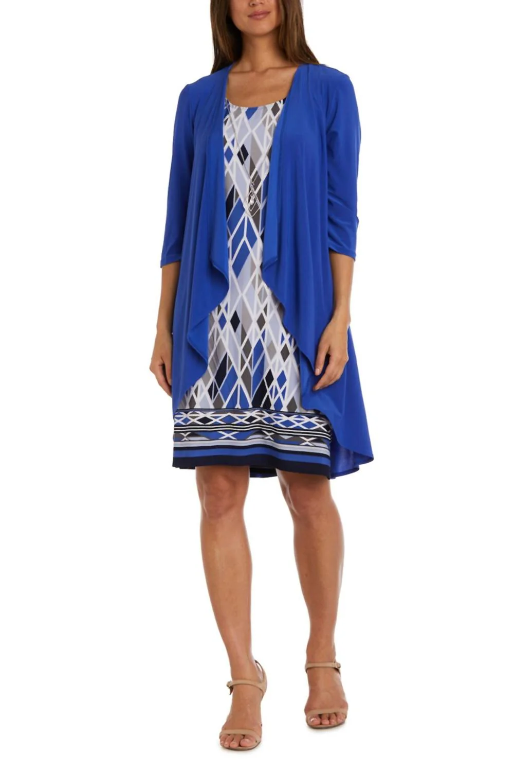 Multi Print 2 Piece Jacket & Dress Set In Blue Berry