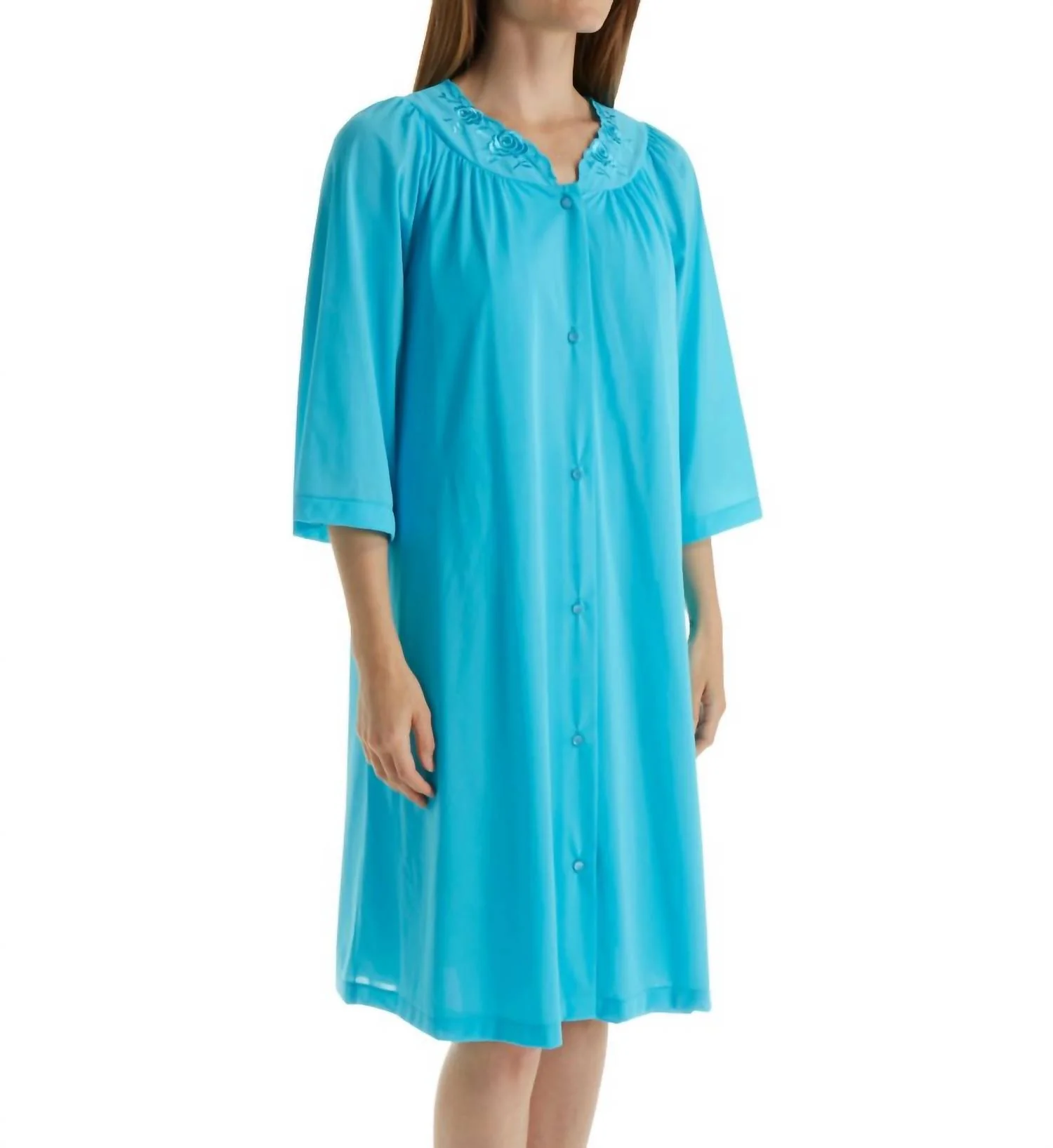 Short 3/4 Sleeve Button Down Robe In Turquoise