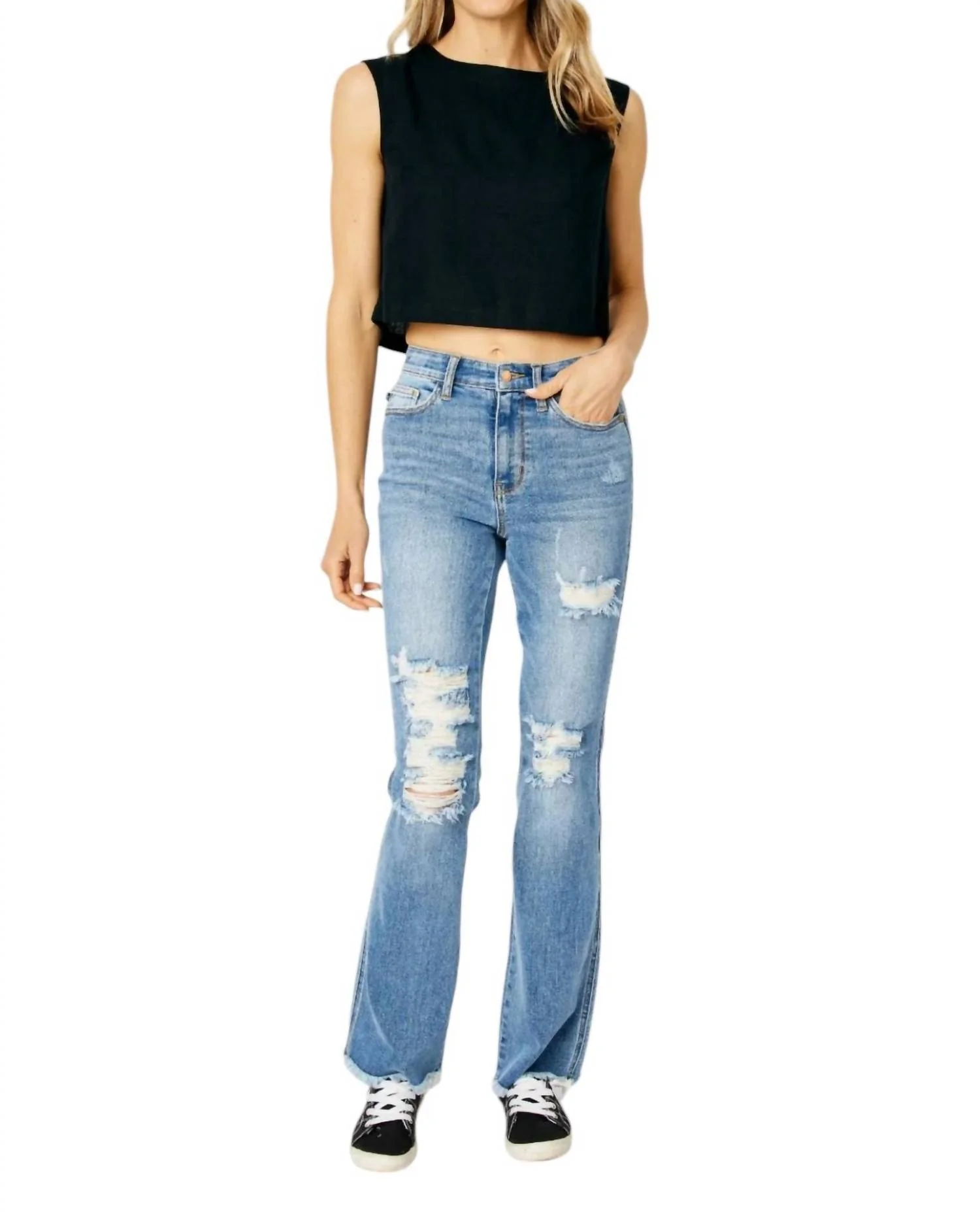 High Waisted Destroy Fray Hem Bootcut Jeans In Medium Blue