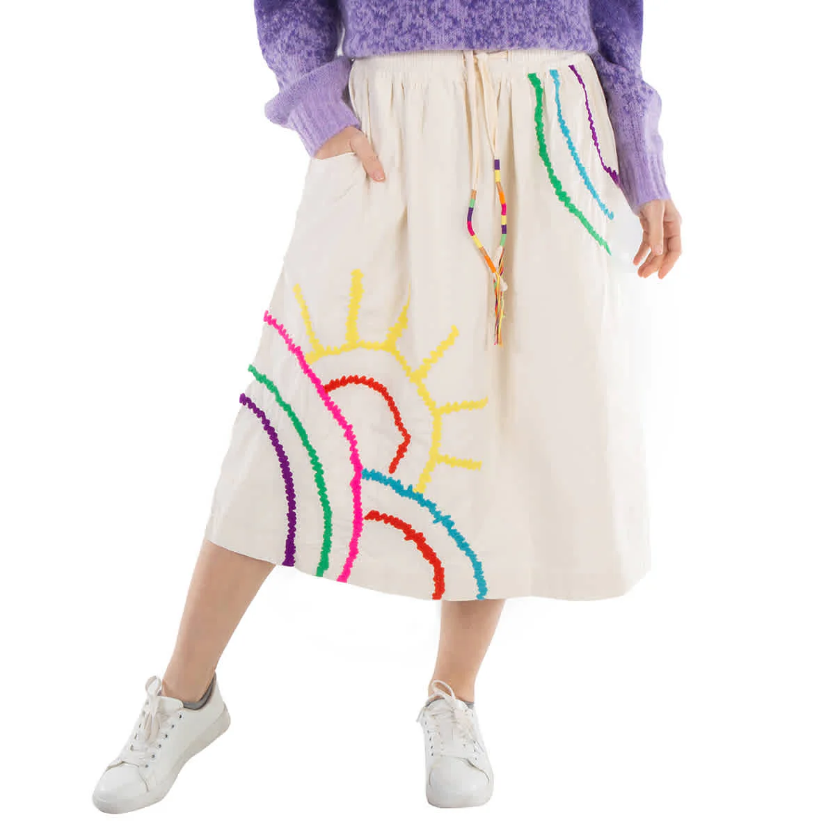 Mira Mikati Ladies White Embroidered Sun Scene Elasticated Skirt