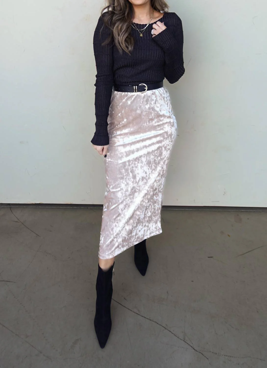 Crushed Velvet Midi Skirt In Champagne