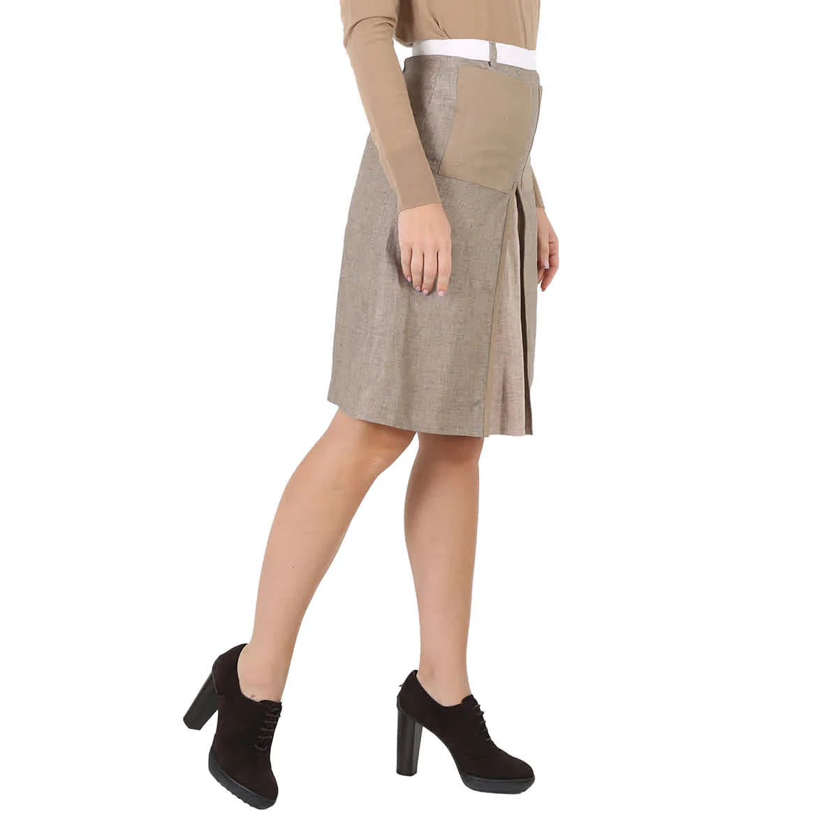 Burberry Contrast Seam And Box-pleat Detail Line A-line Skirt In Cedar Brown Melange