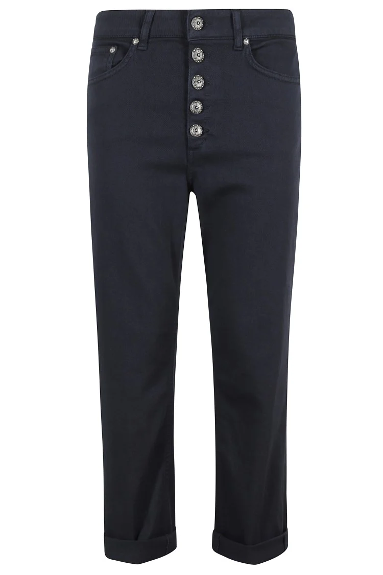 Cropped Blue Denim Jeans With Jewel-Embellished Buttons