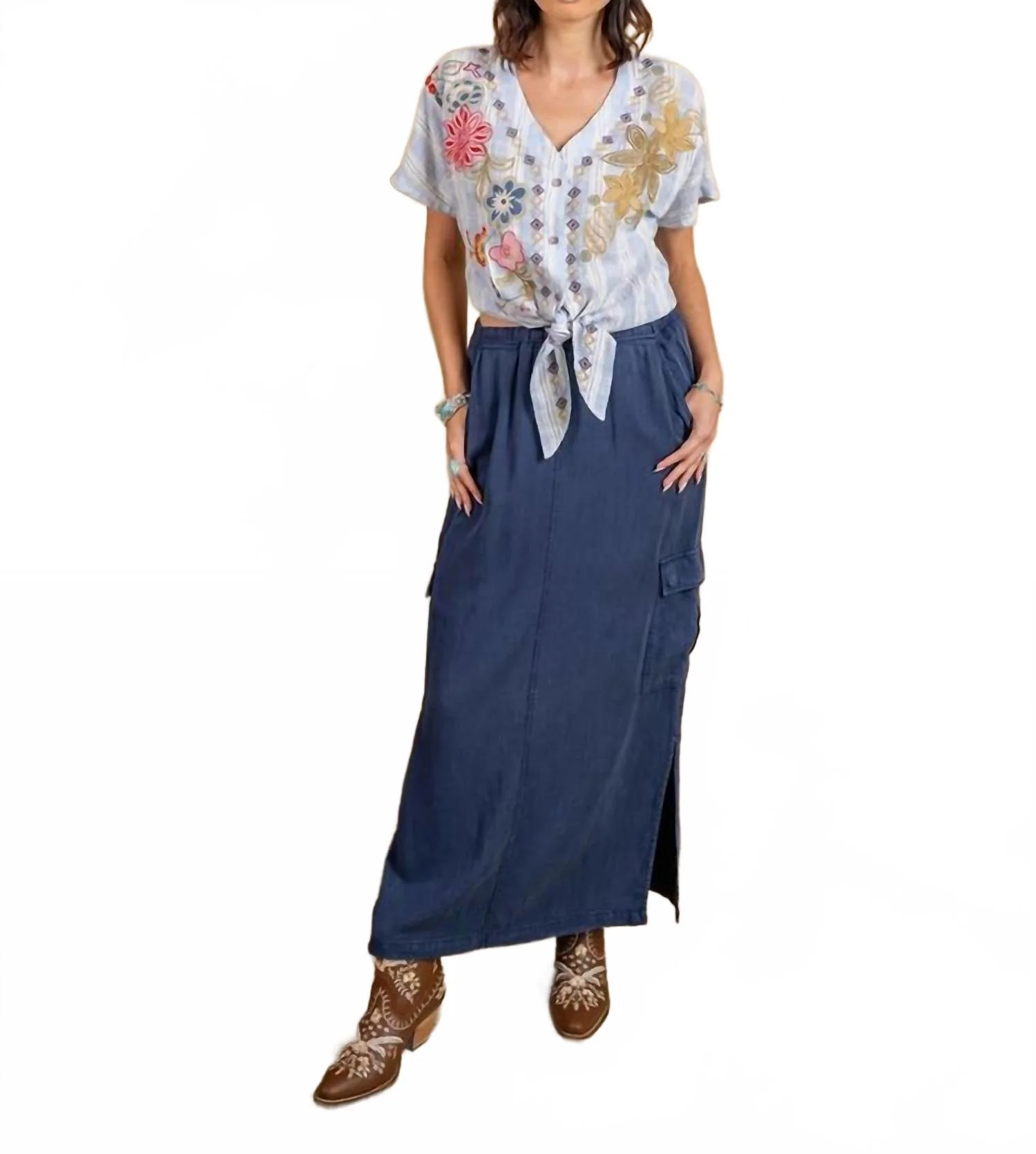 Tencel Slub Pull-On Cargo Skirt In Navy