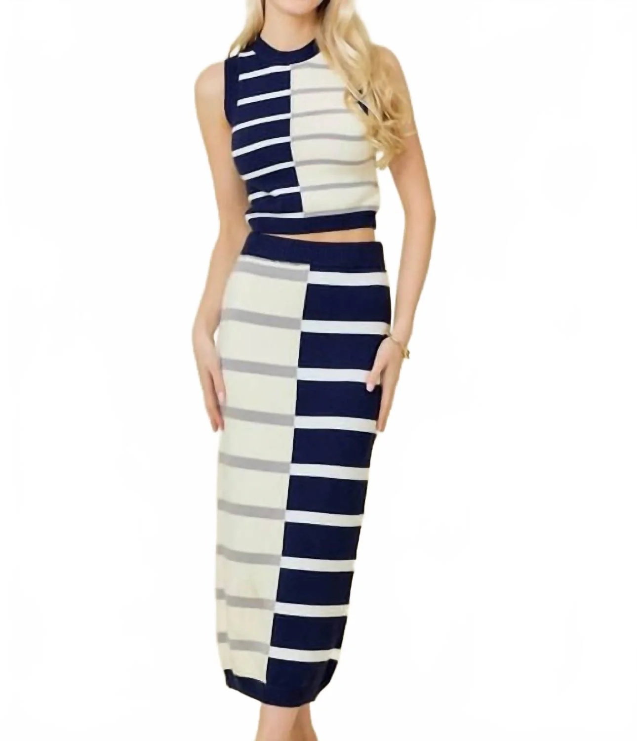 Angela Sweater Skirt Set In Navy/cream