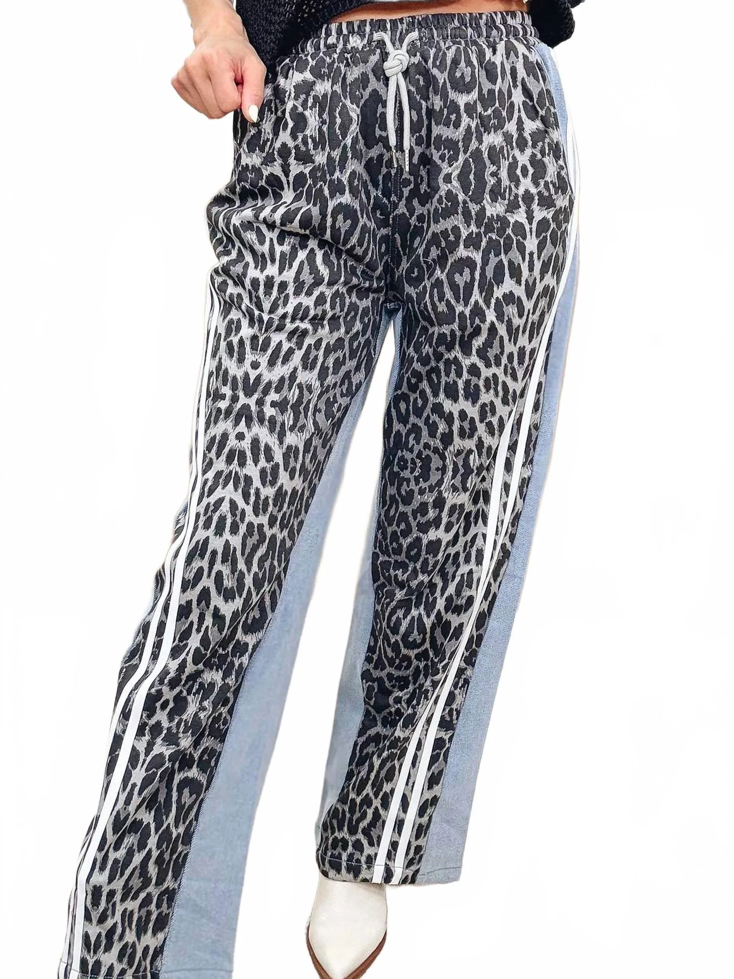 Leopard Print Track Pants In Black/blue
