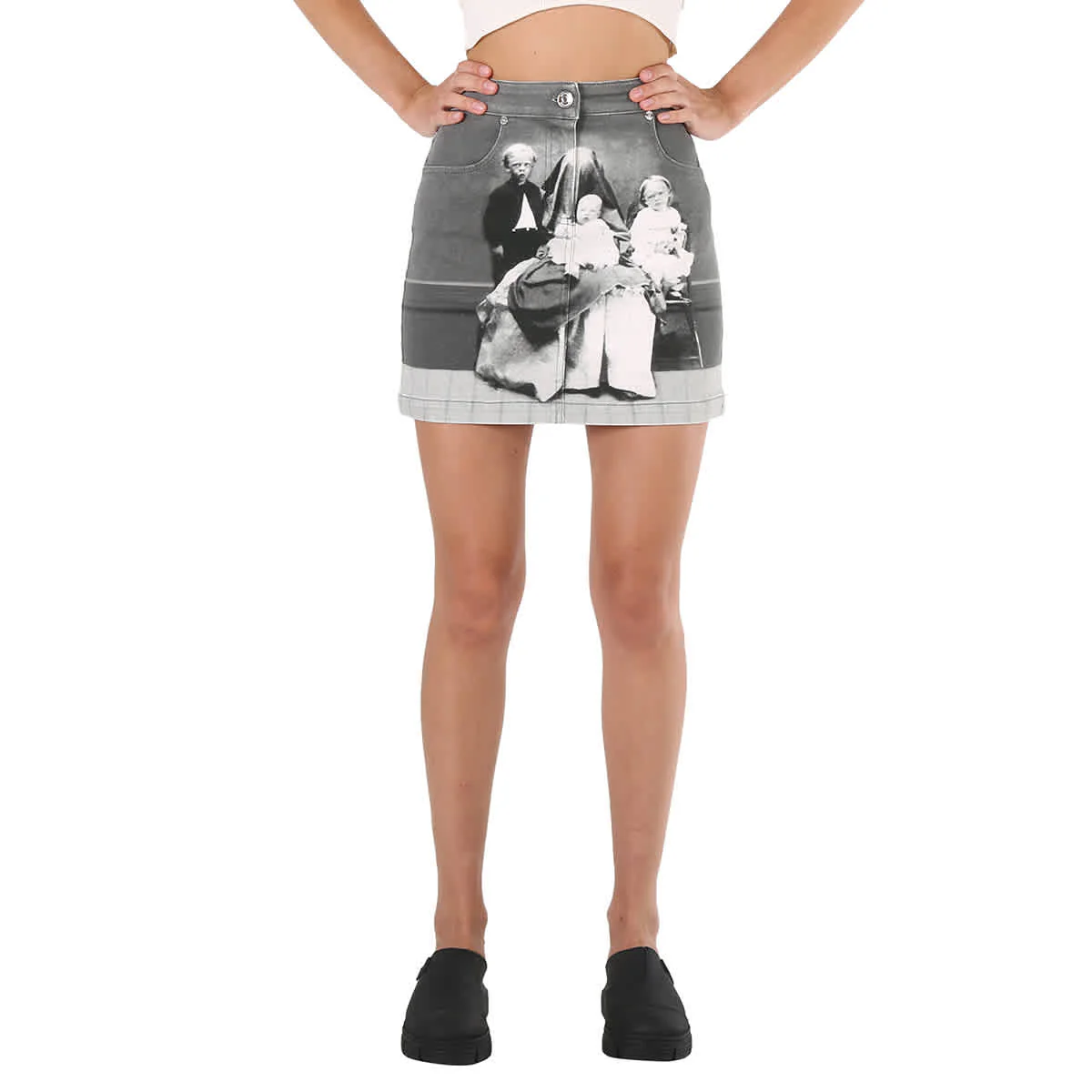Burberry Grey Stretch Denim Victorian Portrait Print Mini Skirt