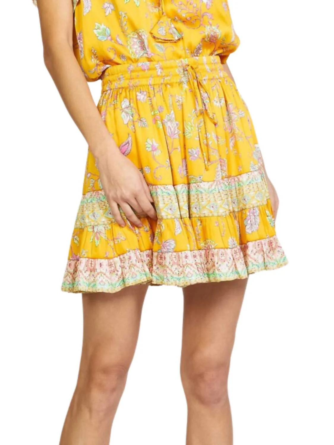 Border Printed Elastic Waisted Skirt In Yellow Multi