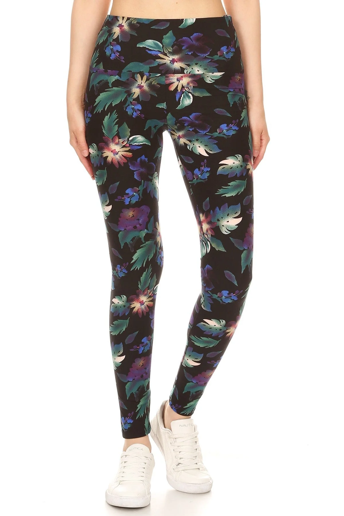 FASHNZFAB Long Yoga Style Banded Lined Floral Printed Knit Legging With High Waist