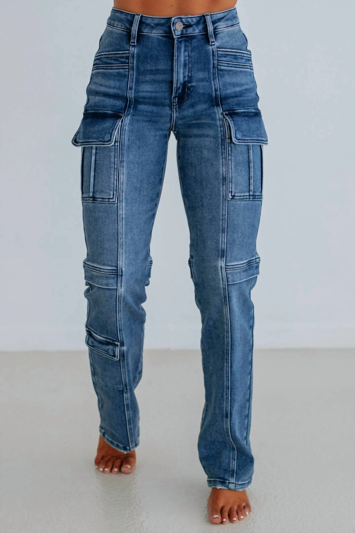 Tracey Cargo Straight Leg Jeans In Dark Wash