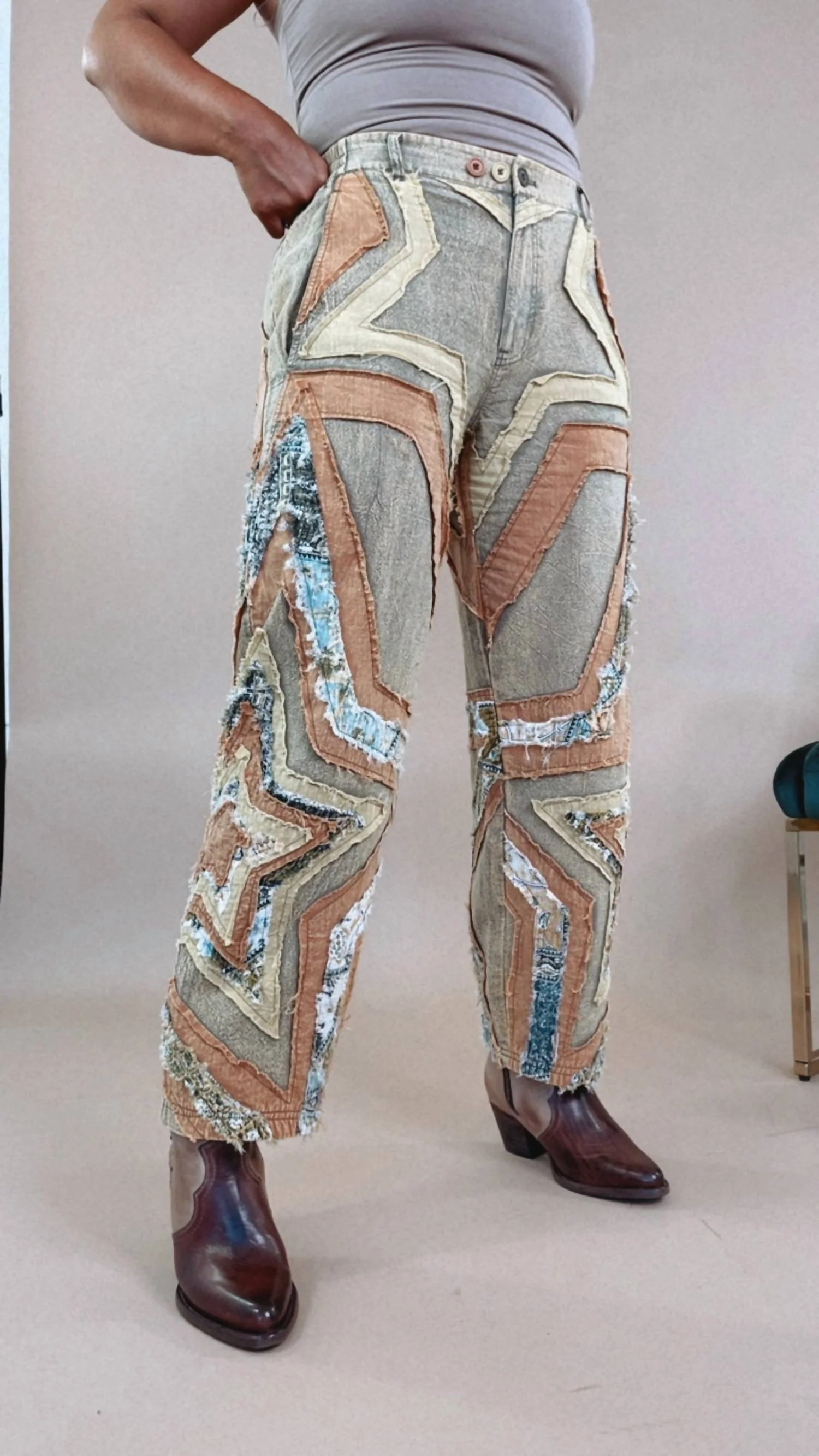 Star Patched Pants In Washed Patchwork