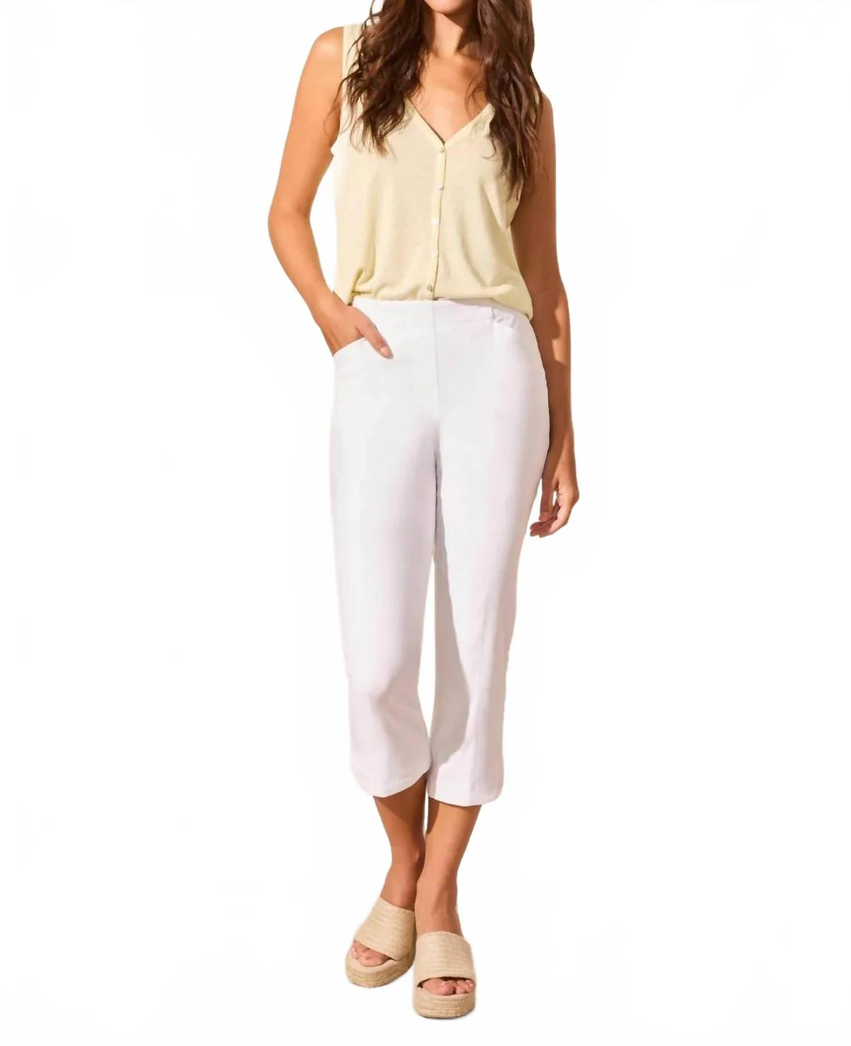 Stretch Denim Pull-On Capri Pants With Side Vents In White