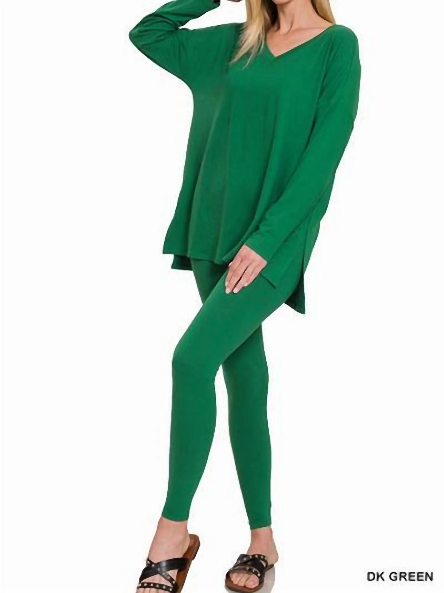 V Neck Lounge Sets In Dark Green