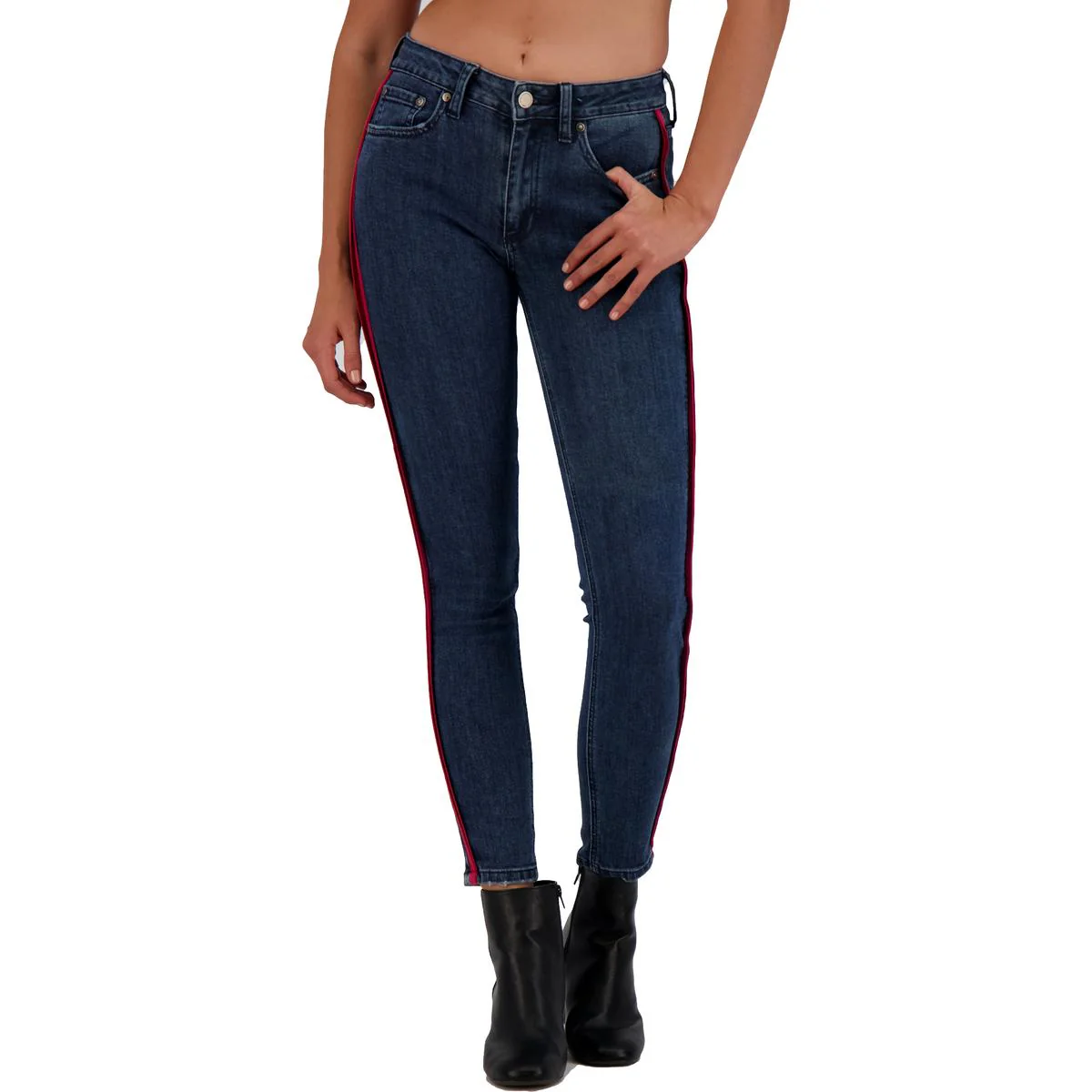 Womens High Rise Contrast Trim Skinny Jeans