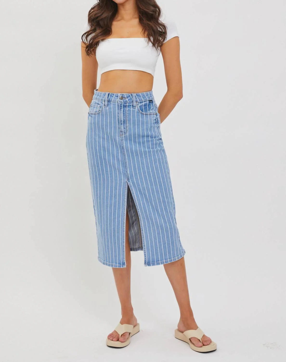 High Rise Midi Skirt With Front Slit In Blue