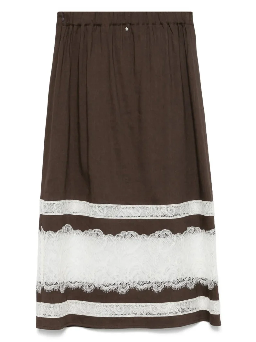 Brown Lace-Detail Midi Skirt