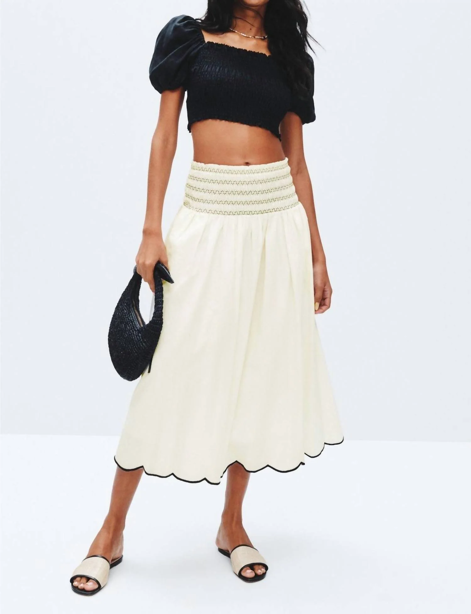 Elsa Smocked Waist Midi Skirt In Cream