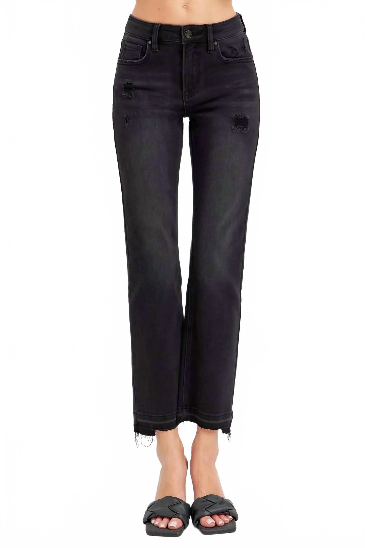 Mid Rise Ankle Straight Leg Jeans In Black