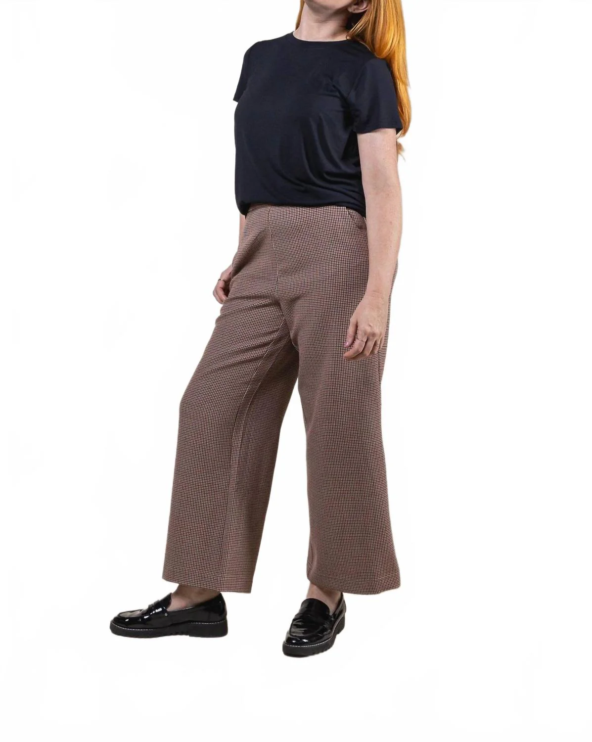 Houndstooth Wide Leg Ankle Pant In Brown