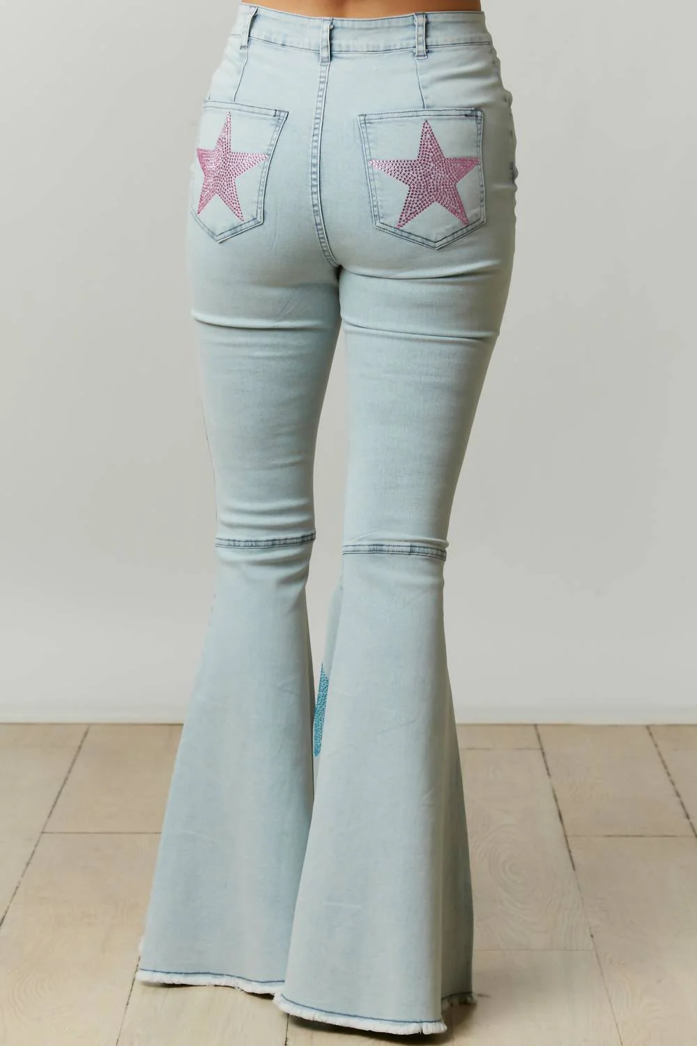 Rhinestone Starry Flare Pants In Medium Washed Blue