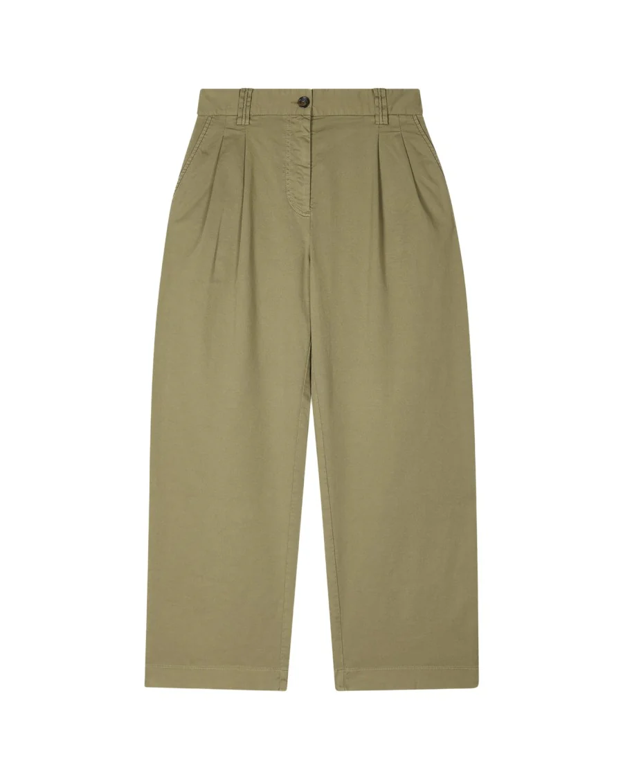 Wide-Leg Cropped Khaki Trousers With Elasticated Waist