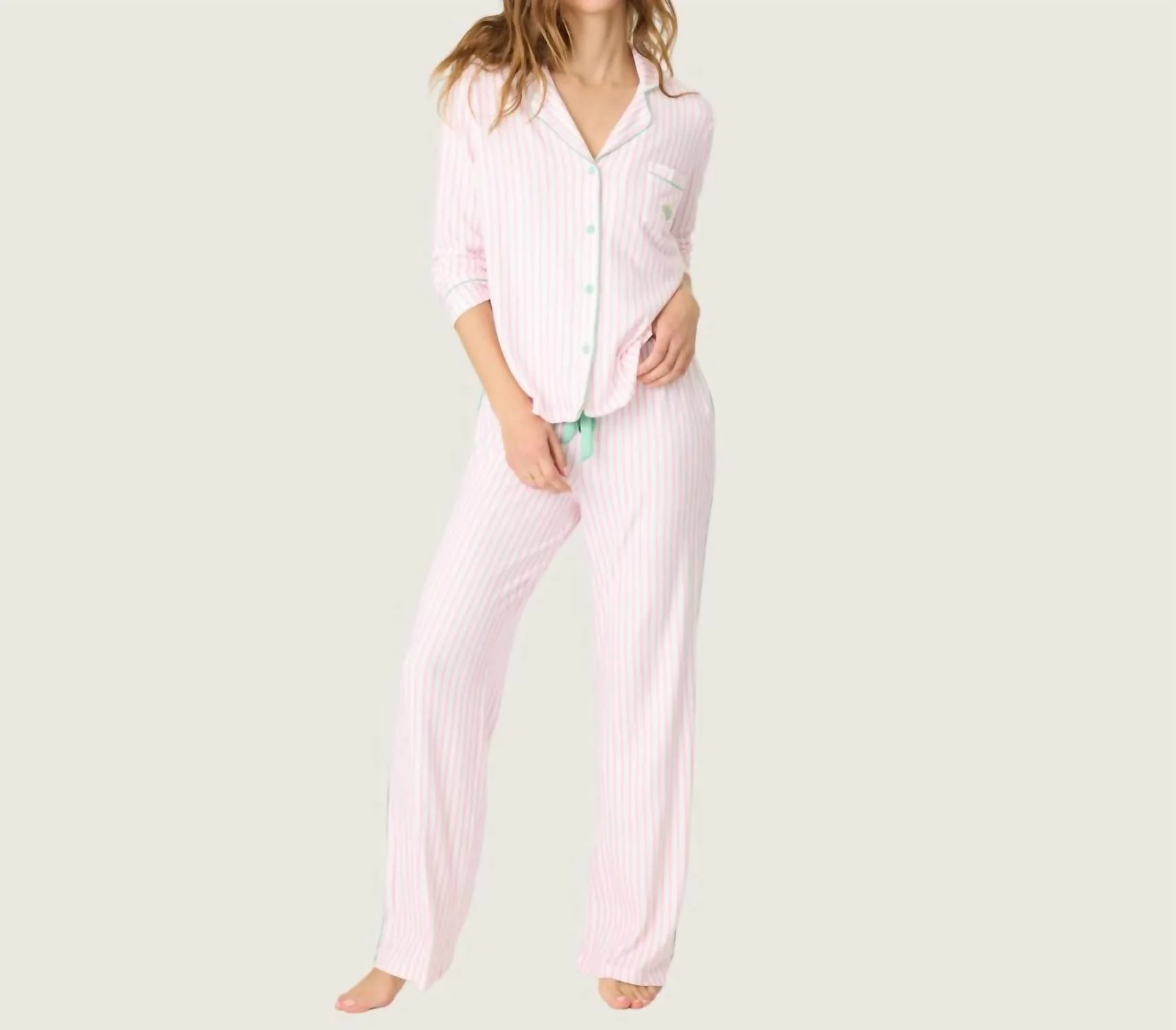 Happiest On The Court Striped Pj Set In Ivory/pink