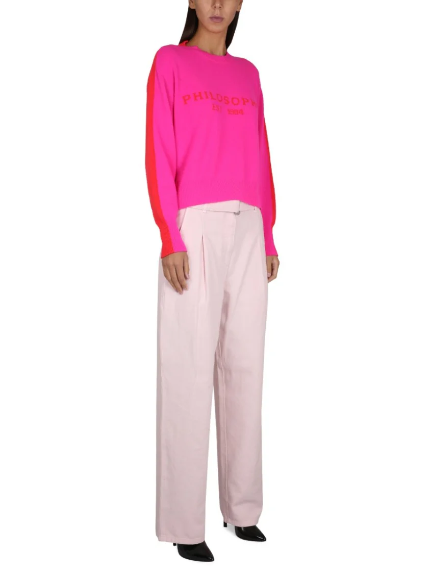 Relaxed High-Waisted Denim Pants With Pleats