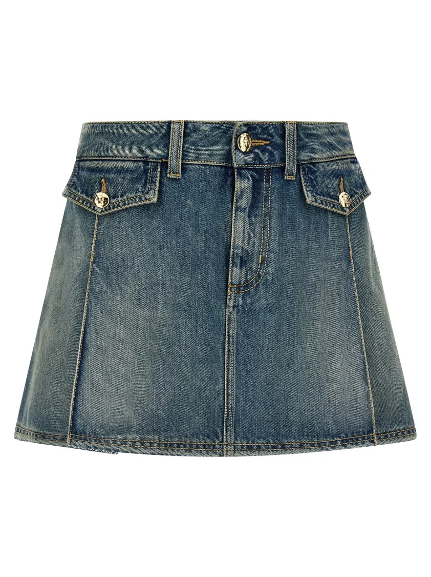 Flounced Delavé Cotton Denim Mini Skirt