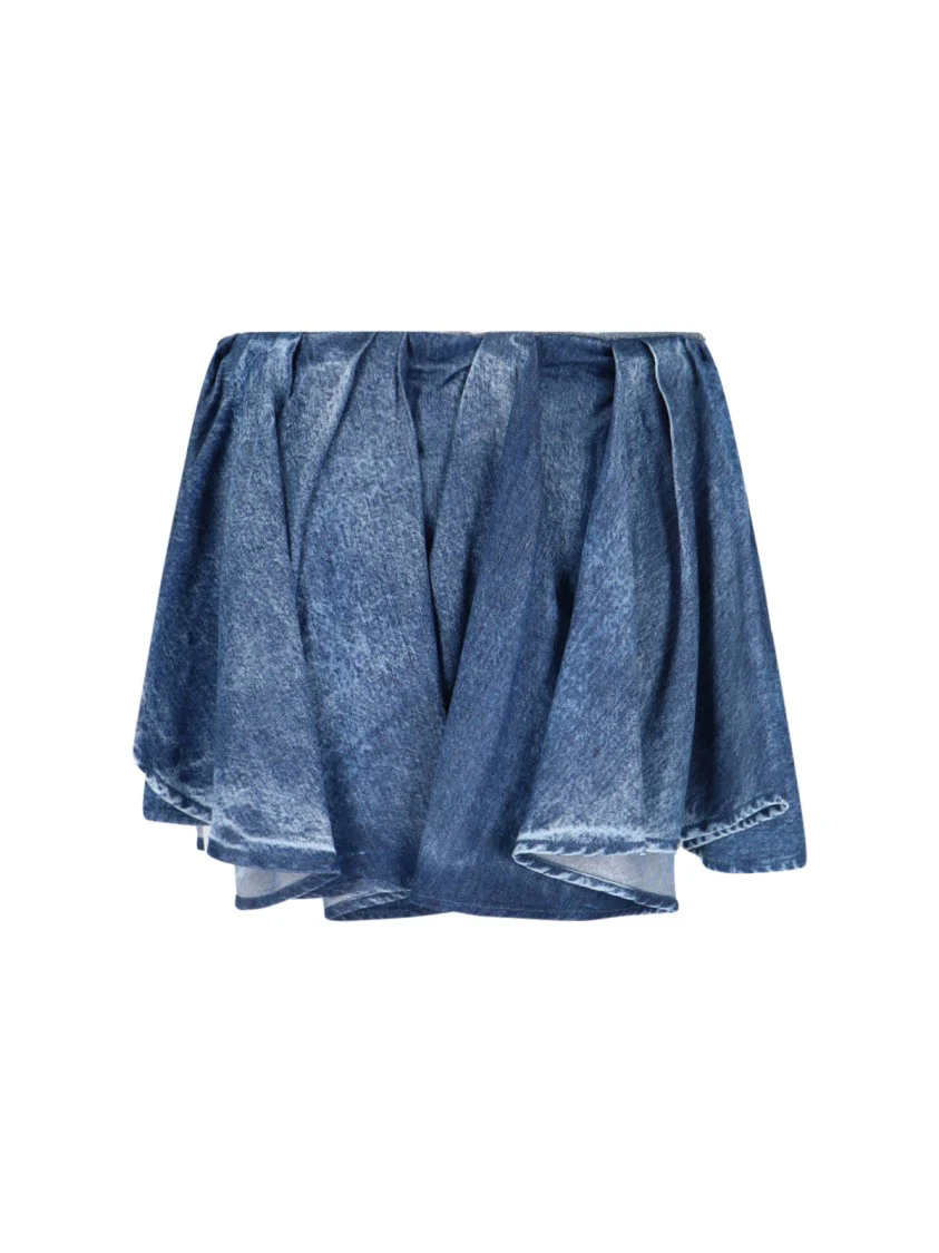 Draped Denim Mini Skirt With Raw Edges