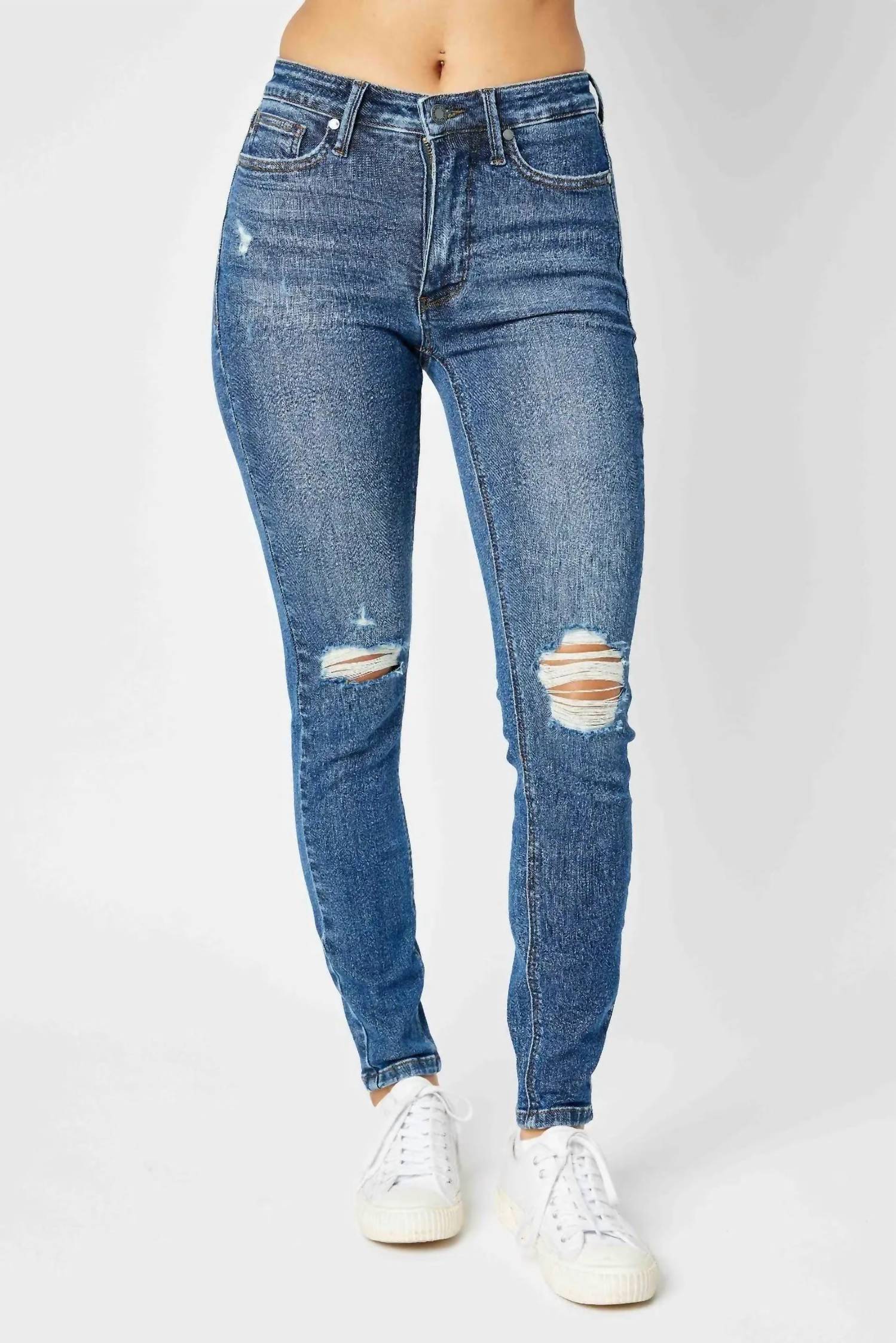 Mid-Rise Tummy Control Destroy Skinny Jean In Medium Wash