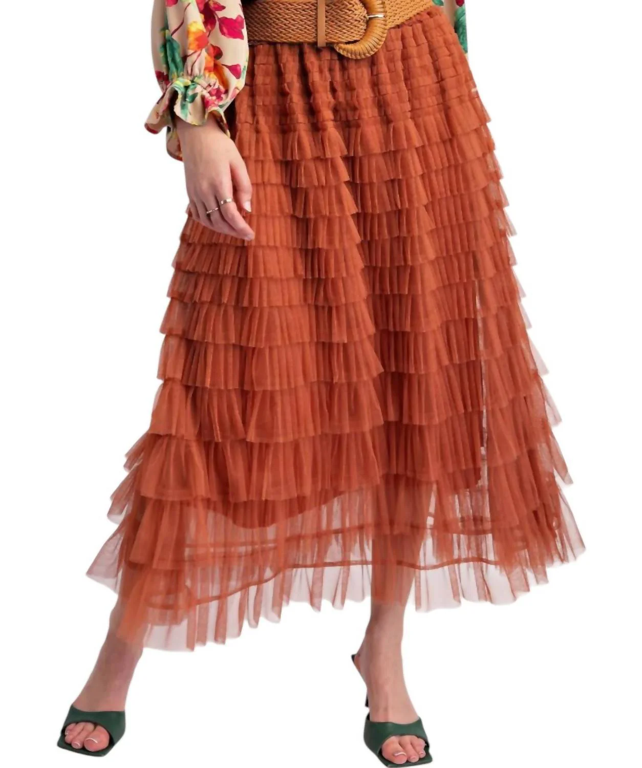 Ruffle Patch Tulle Skirt In Rust