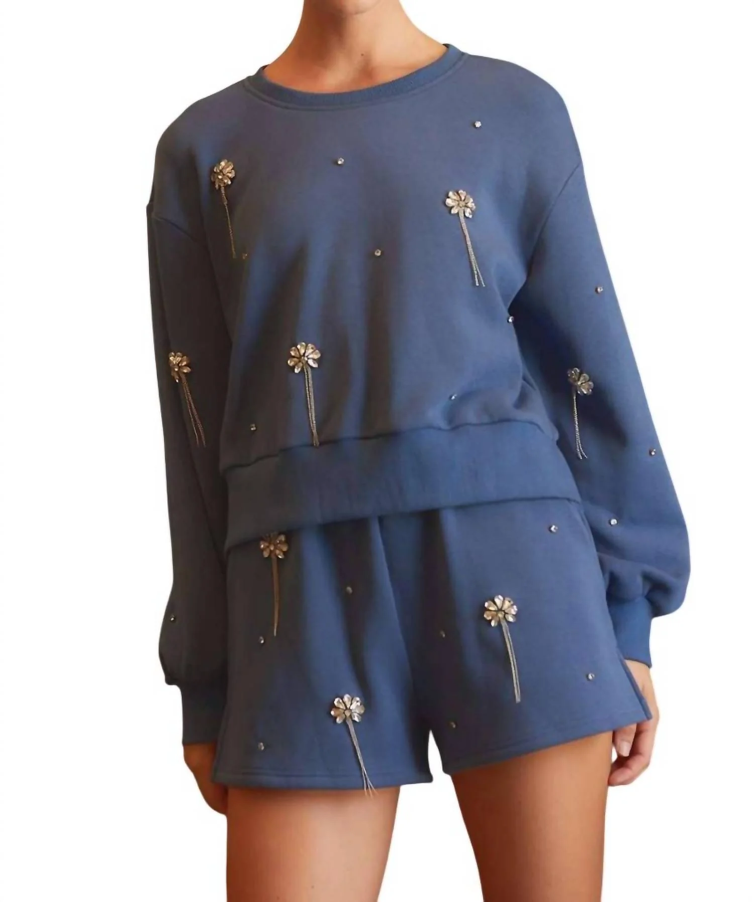 Jaydeen Rhinestone Embellished Sweatshirt Top & Short Set In Mineral Blue