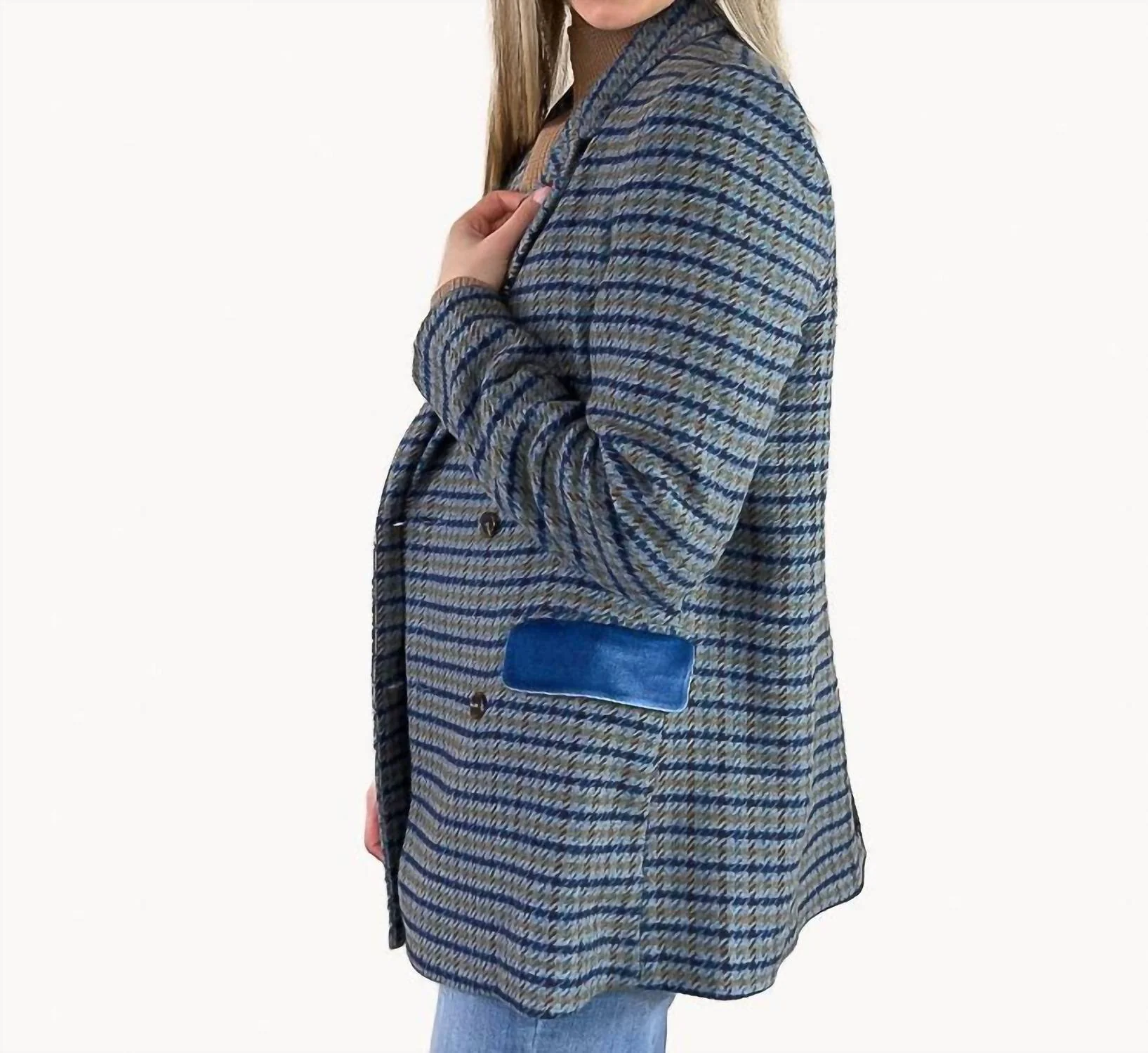 Wool Blend Houndstooth Coat In Navy