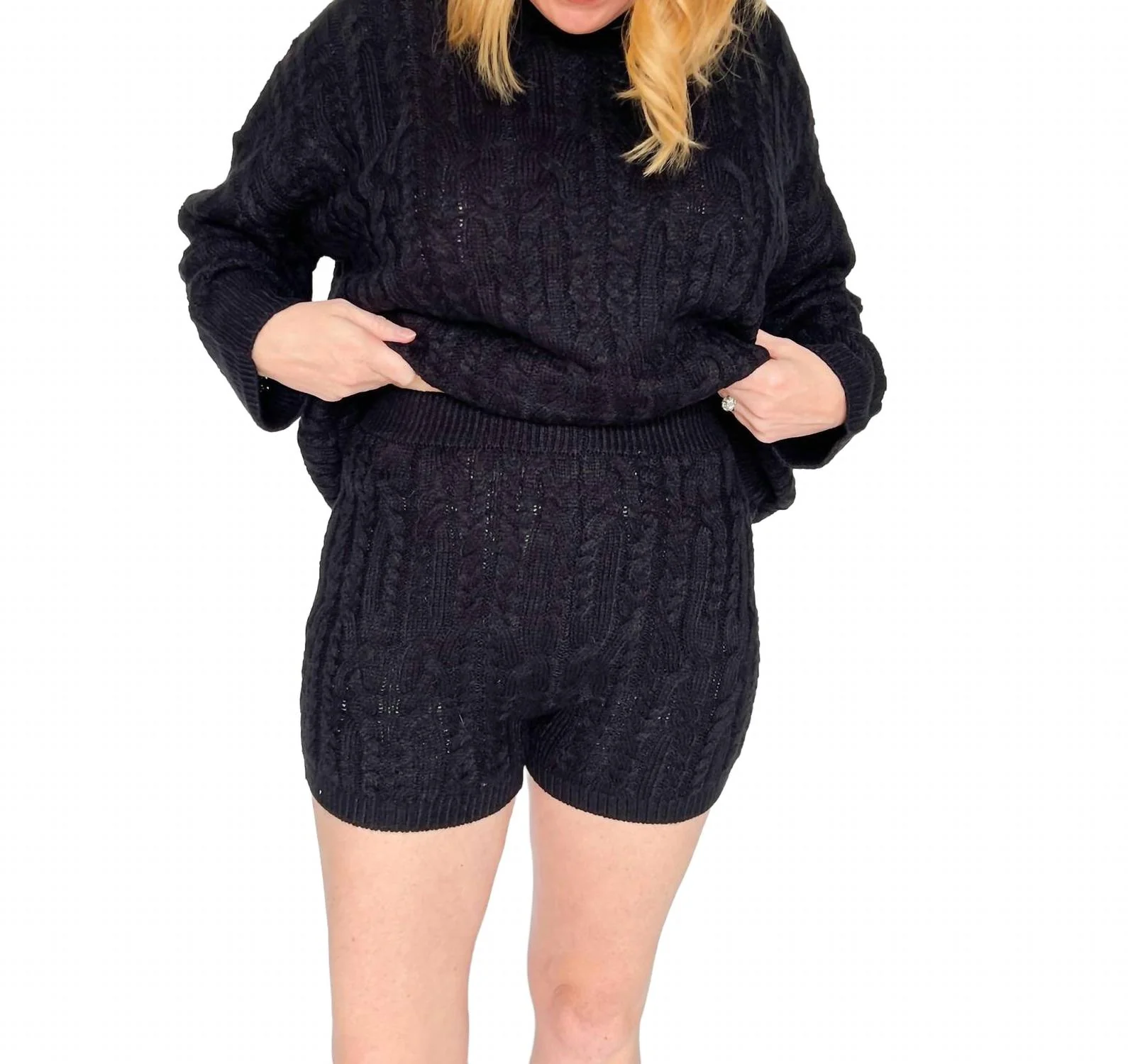 Time Will Tell Cable Knit Sweater Short Set In Black